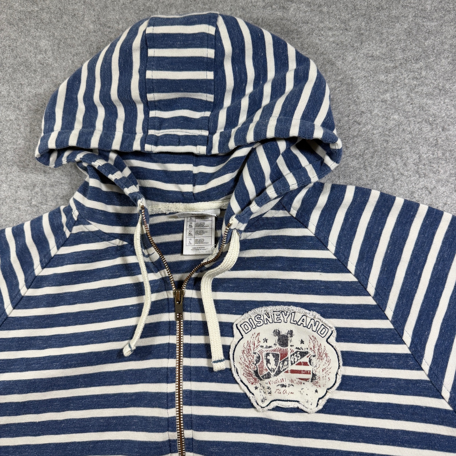 Disney Parks Zip Up Hoodie Mens L Navy Cream Stripe Disneyland Crest Fleece thumbnail 5