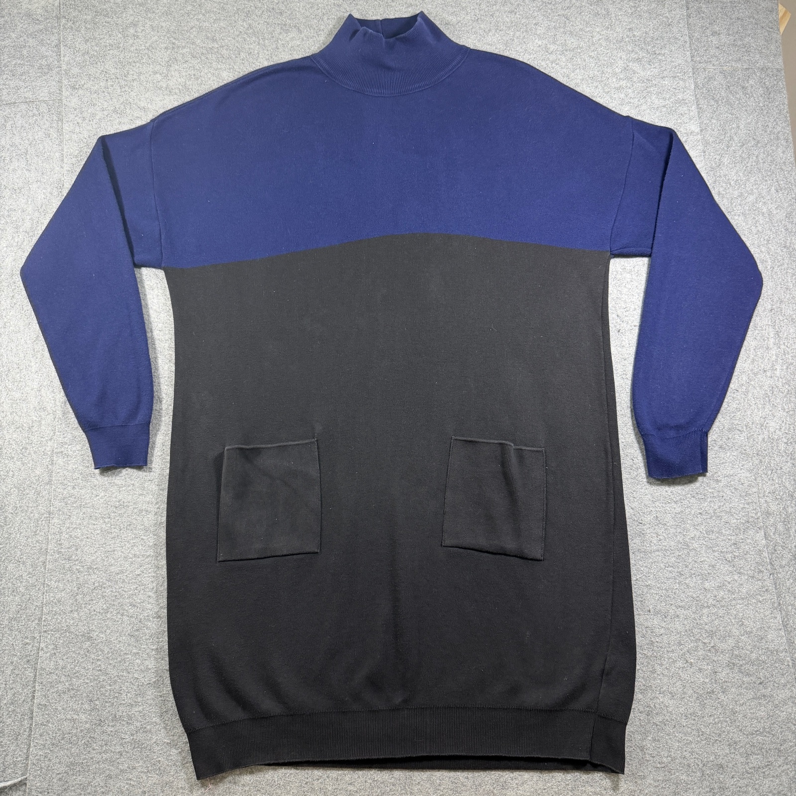 Vintage Joan Vass Sweater Dress Womens 2 Navy Black Colorblock Mock Neck Made US