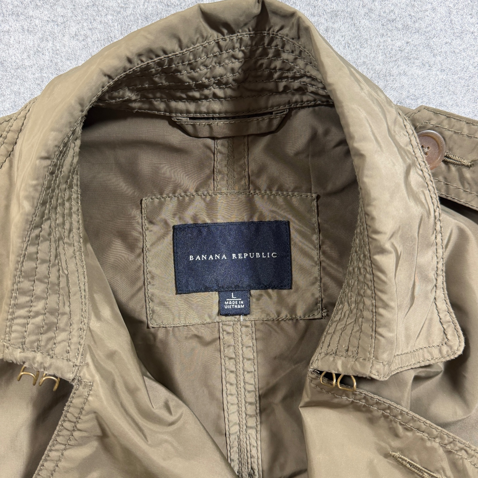 Banana Republic Trench Coat Mens L Olive Double Breasted Belted Preppy Lightweig thumbnail 3