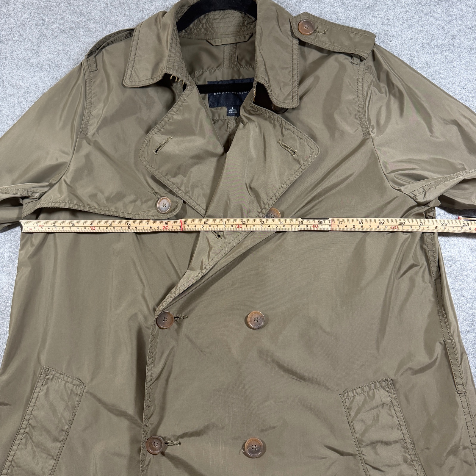 Banana Republic Trench Coat Mens L Olive Double Breasted Belted Preppy Lightweig thumbnail 4