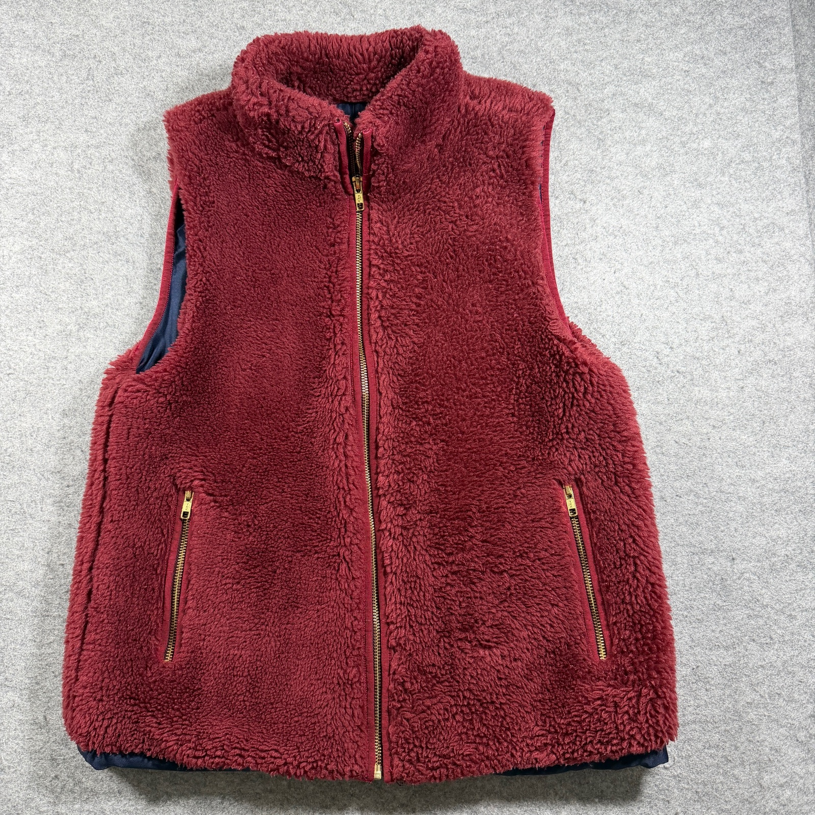J.Crew Sherpa Fleece Vest Womens S Burgundy Full Zip Zip Pockets Preppy Outdoor