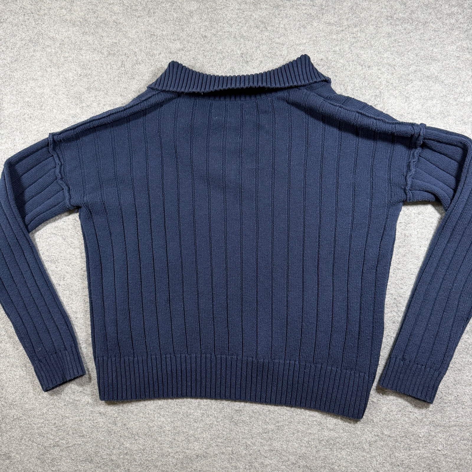 Lucky Brand Sweater Womens S Navy Cropped Boxy Johnny Collar Ribbed Knit thumbnail 2