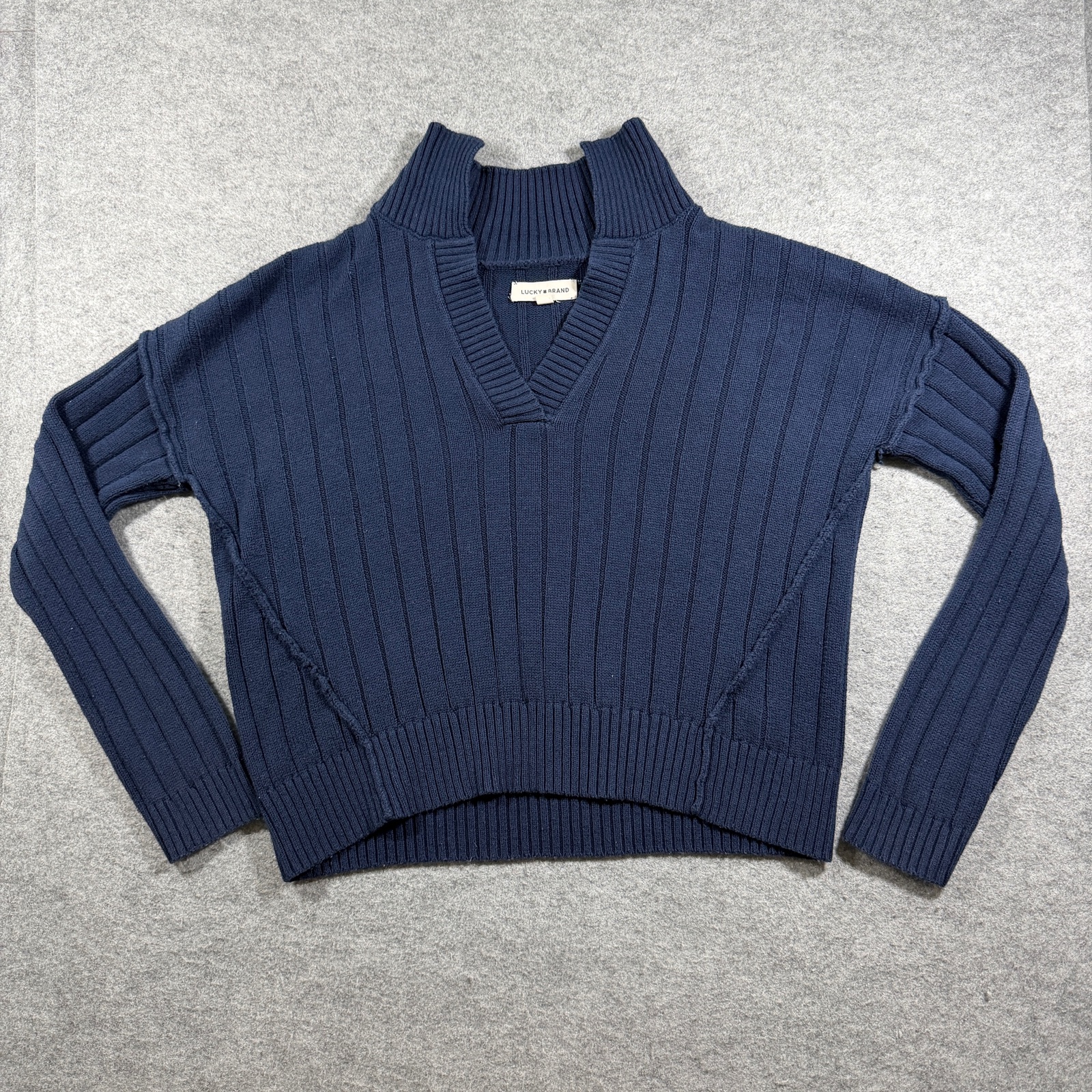 Lucky Brand Sweater Womens S Navy Cropped Boxy Johnny Collar Ribbed Knit thumbnail 3