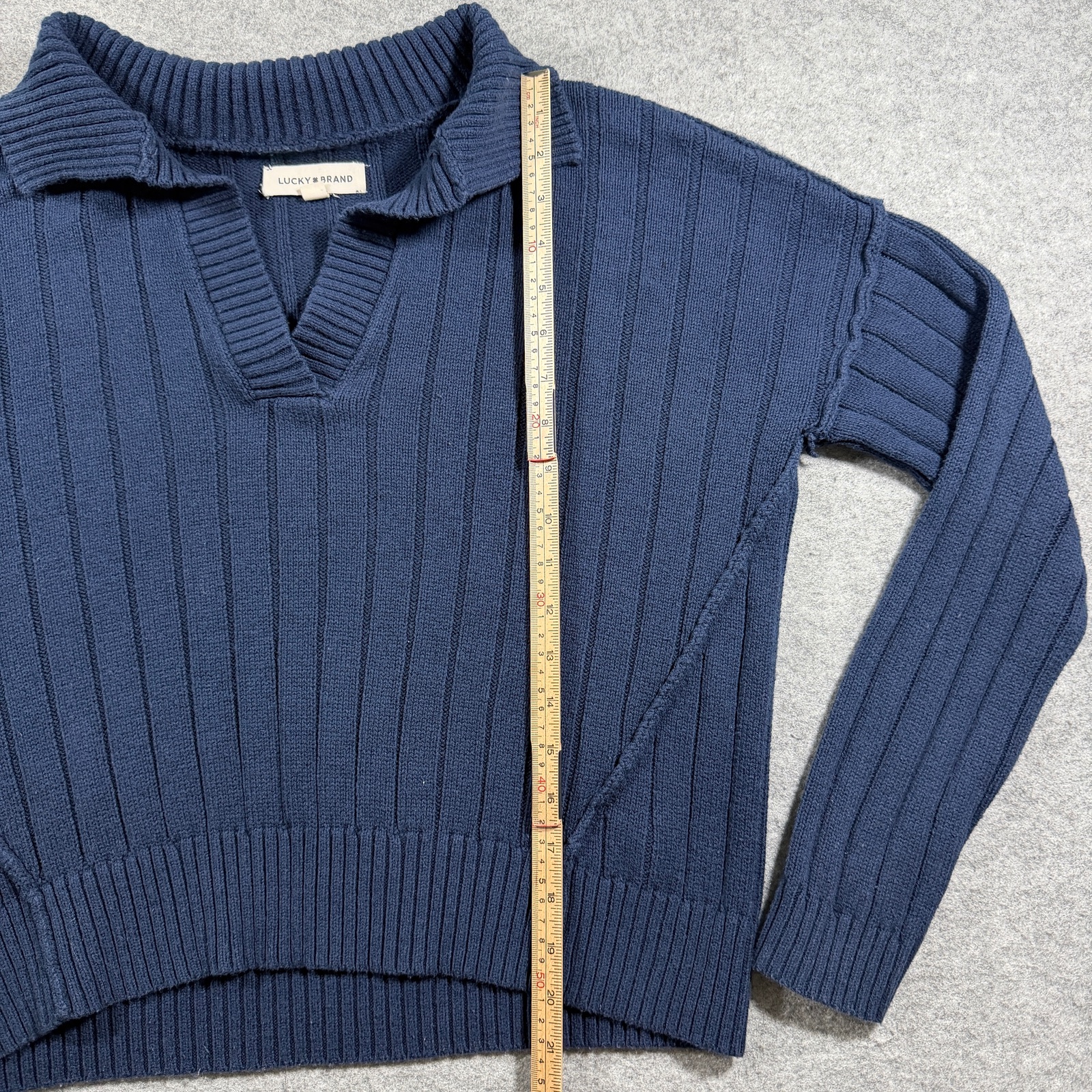 Lucky Brand Sweater Womens S Navy Cropped Boxy Johnny Collar Ribbed Knit thumbnail 7