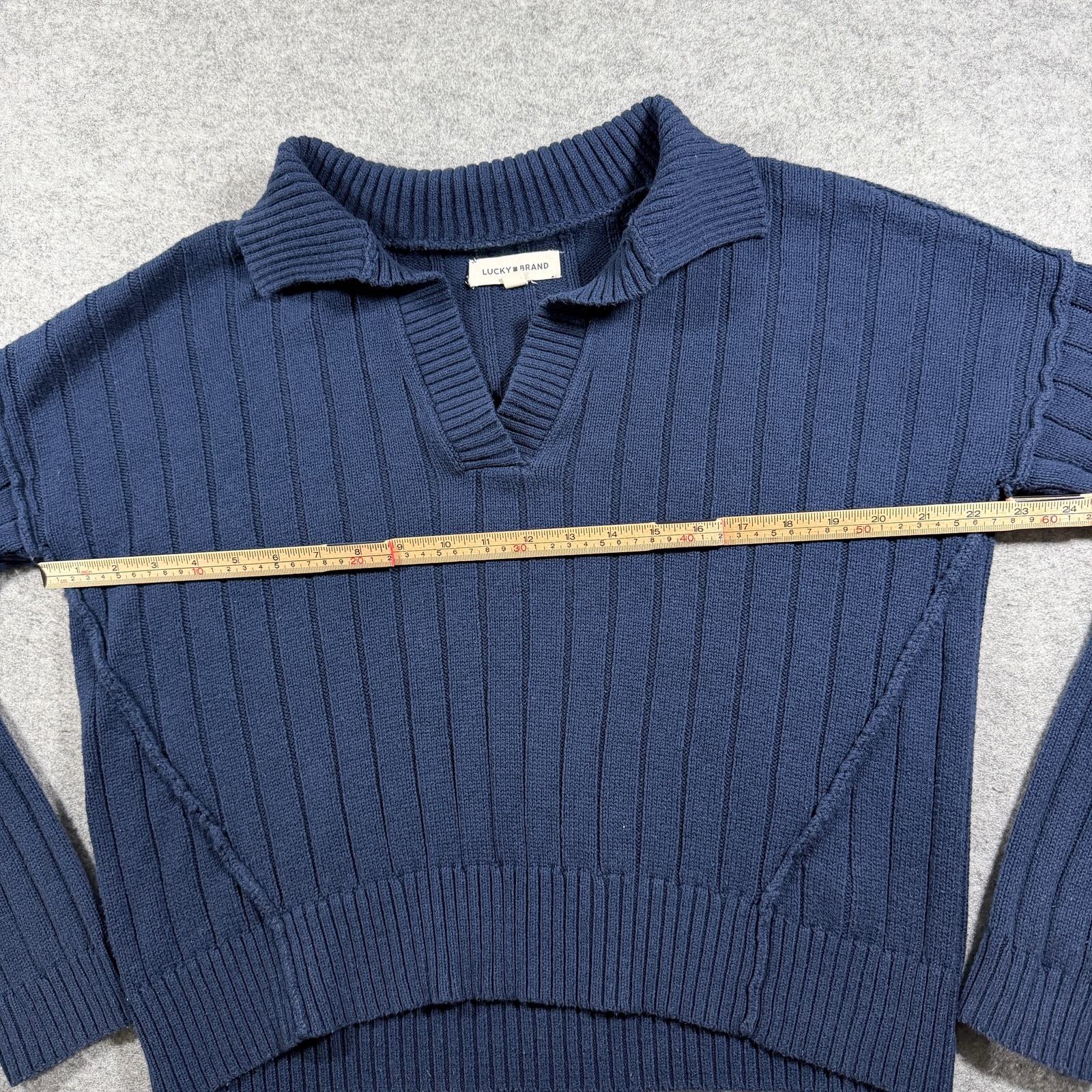 Lucky Brand Sweater Womens S Navy Cropped Boxy Johnny Collar Ribbed Knit thumbnail 8