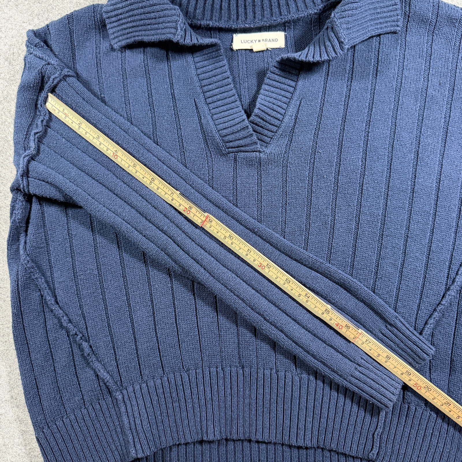 Lucky Brand Sweater Womens S Navy Cropped Boxy Johnny Collar Ribbed Knit thumbnail 9