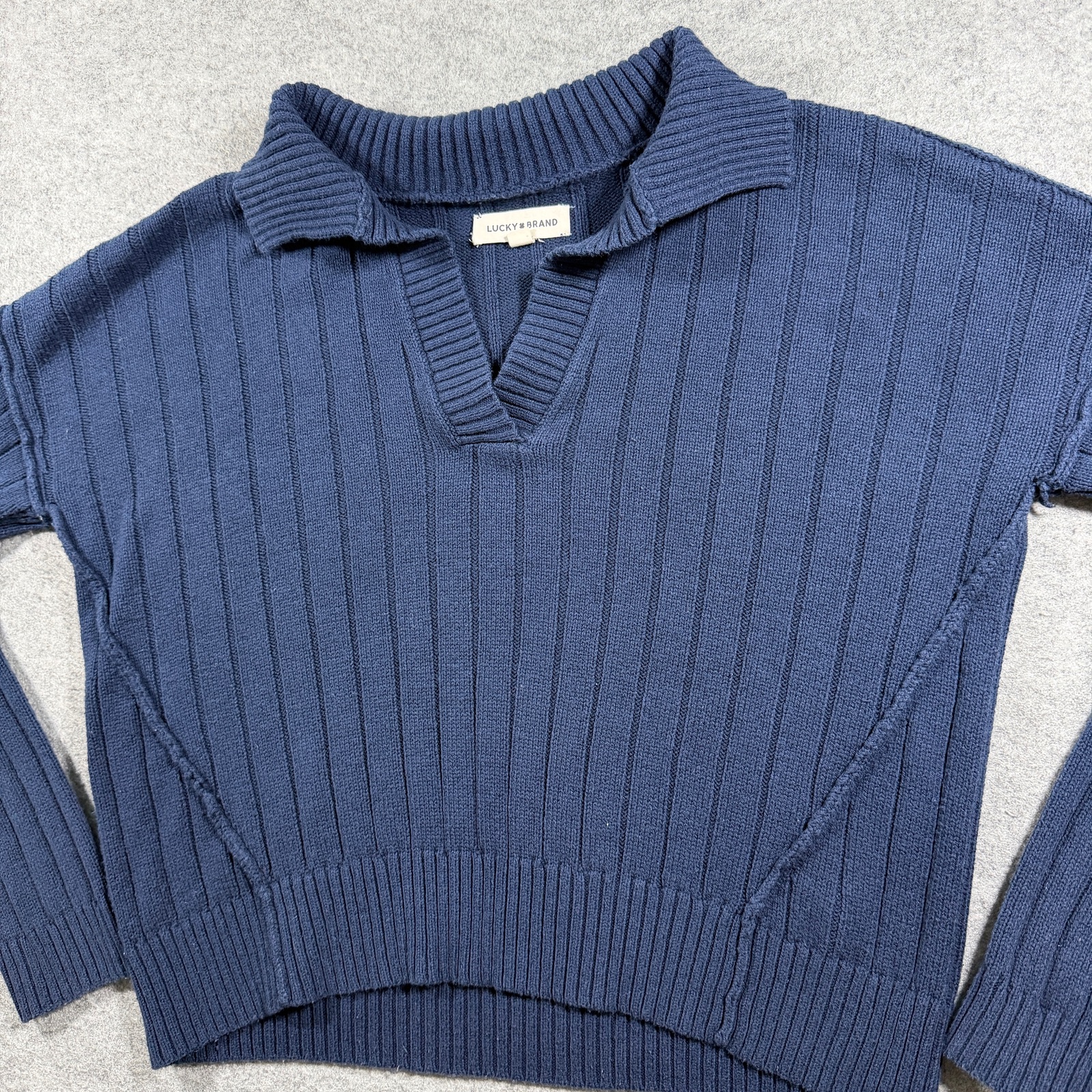 Lucky Brand Sweater Womens S Navy Cropped Boxy Johnny Collar Ribbed Knit thumbnail 10