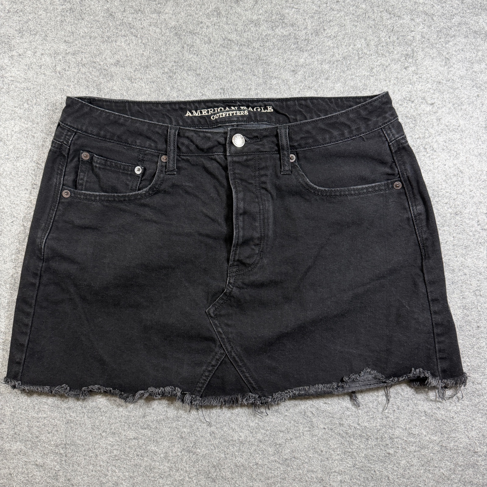 American Eagle Denim Mini Skirt Womens 12 Black Frayed Raw Hem Five Pocket