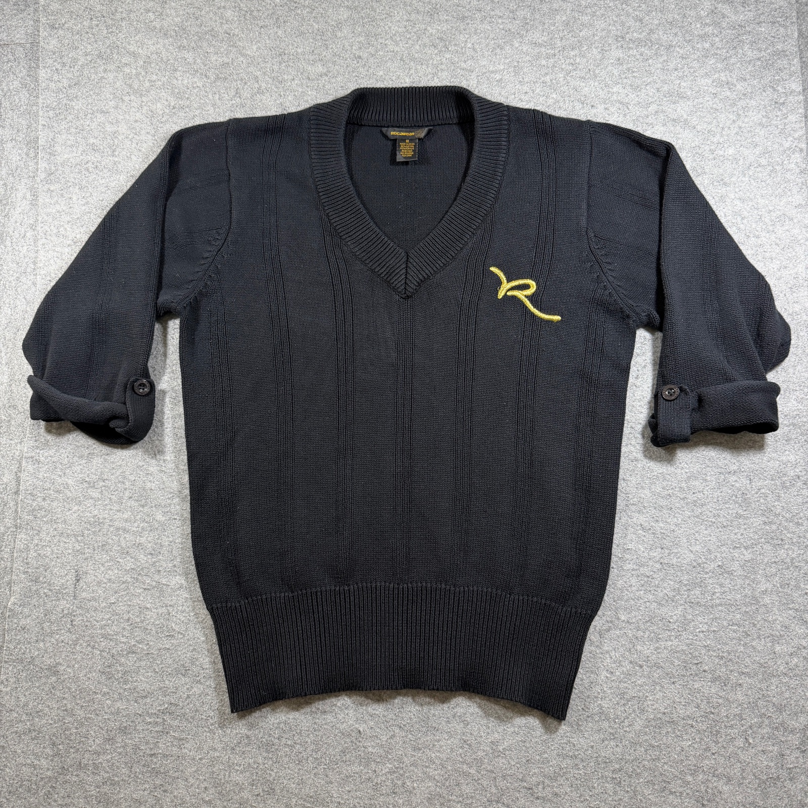 Rocawear Sweater Mens XL Black V-Neck Button Cuff Gold R Logo Y2K Streetwear