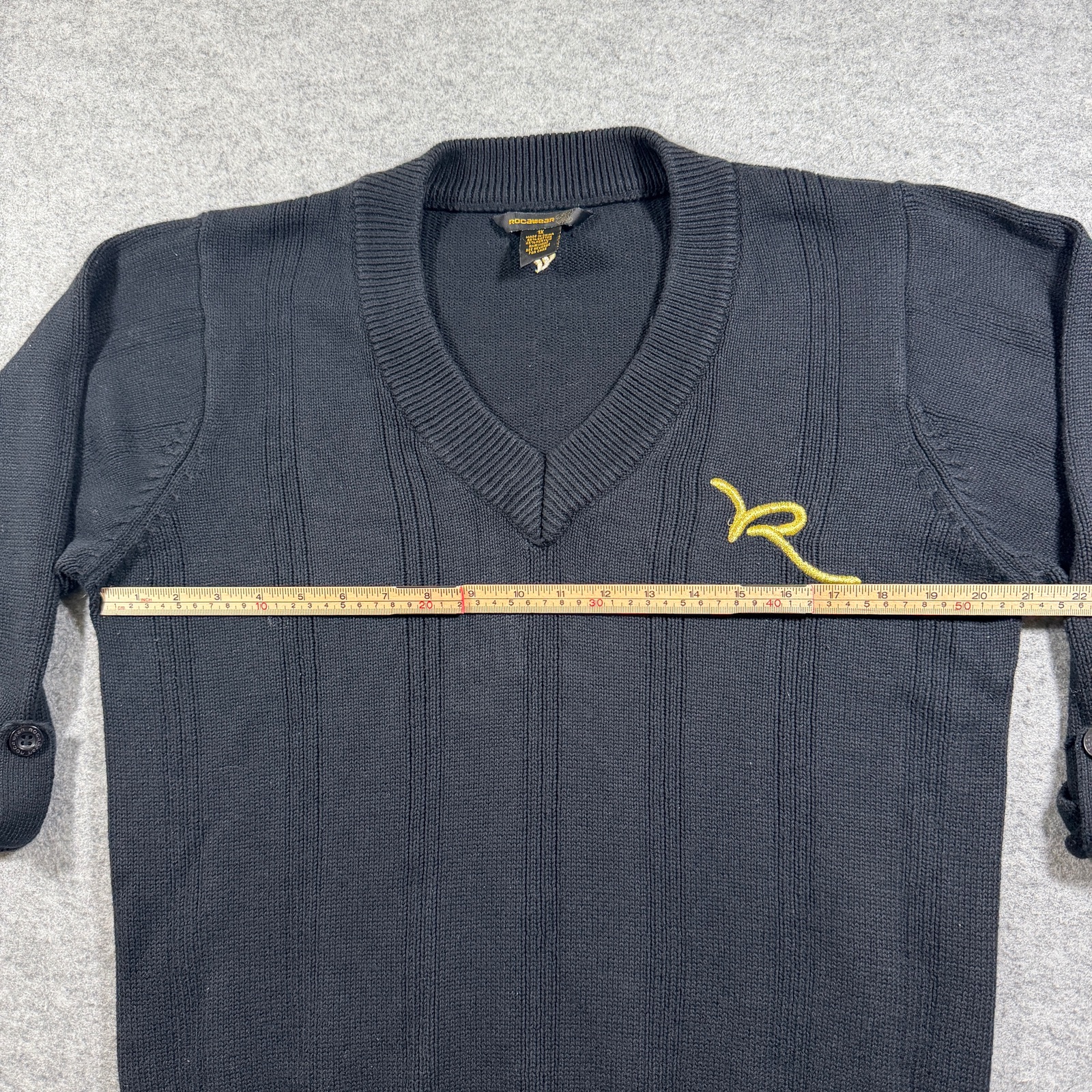 Rocawear Sweater Mens XL Black V-Neck Button Cuff Gold R Logo Y2K Streetwear thumbnail 7