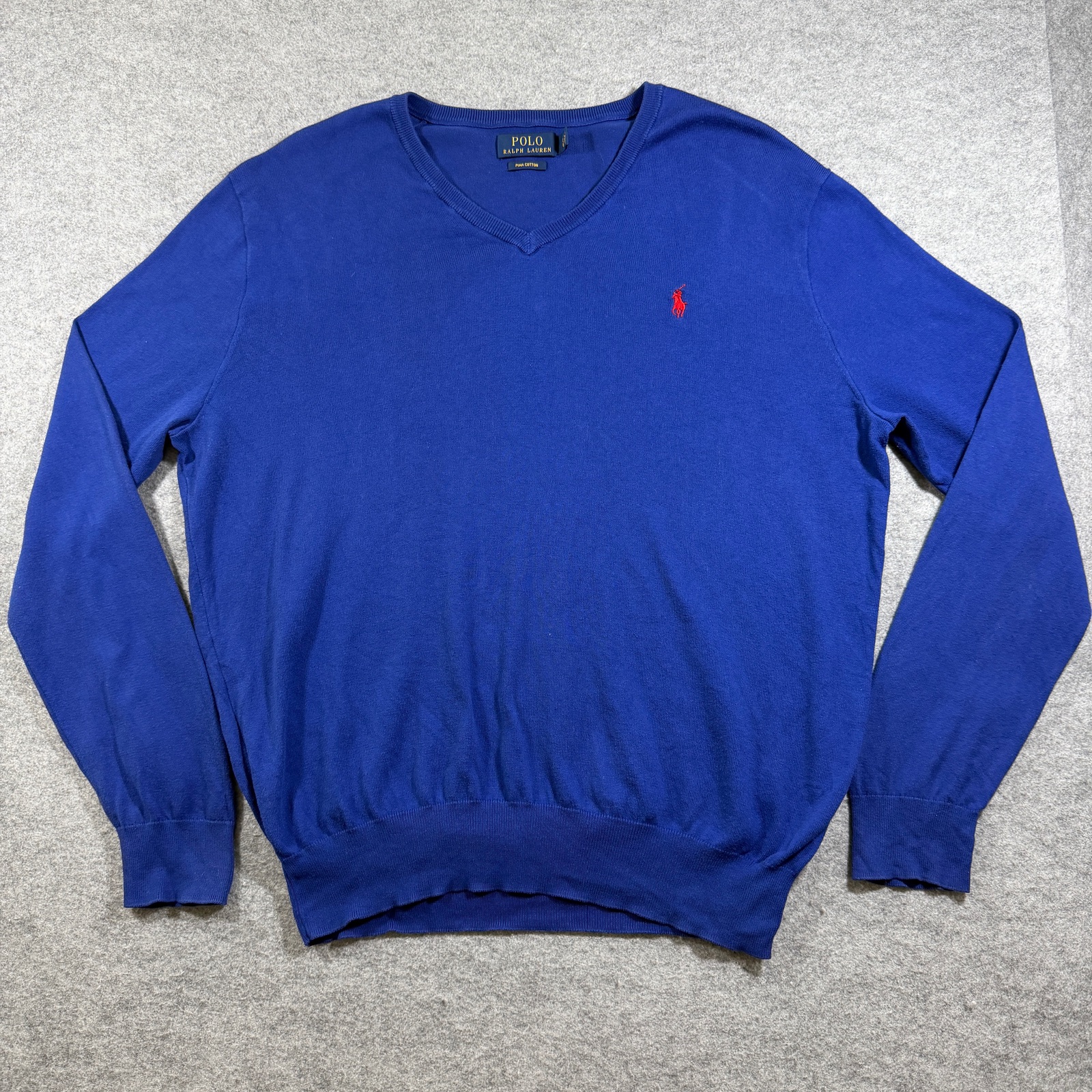 Polo Ralph Lauren Sweater Mens L Blue Pima Cotton V-Neck Pony Preppy Fall
