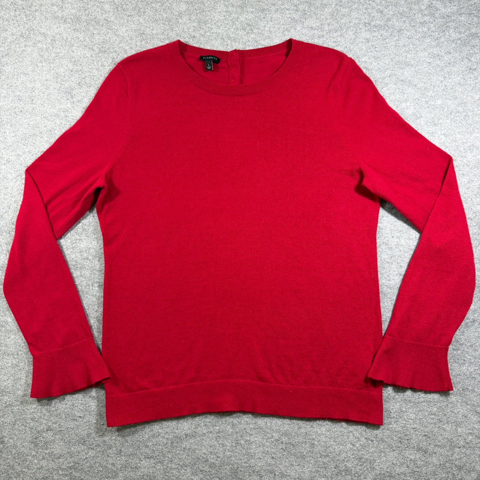 Talbots Sweater Womens L Red Crew Neck Lambswool Button Back Ruffle Cuff Preppy