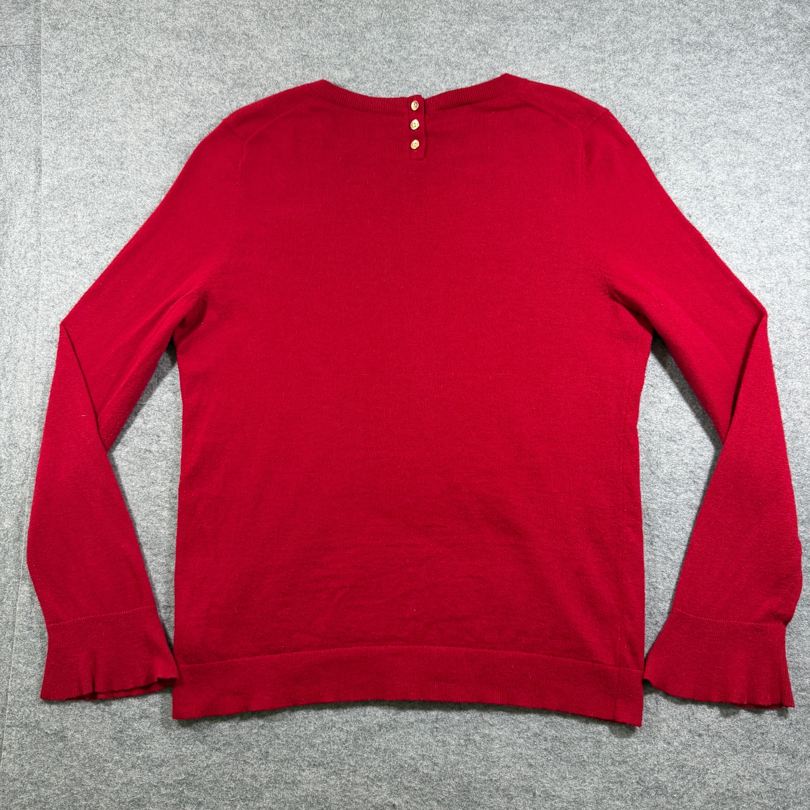 Talbots Sweater Womens L Red Crew Neck Lambswool Button Back Ruffle Cuff Preppy thumbnail 2