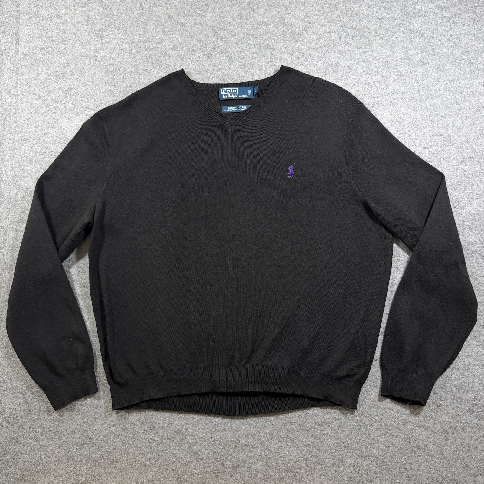 Vintage Polo Ralph Lauren Pima Cotton Sweater Mens L Black V-Neck Preppy Knit