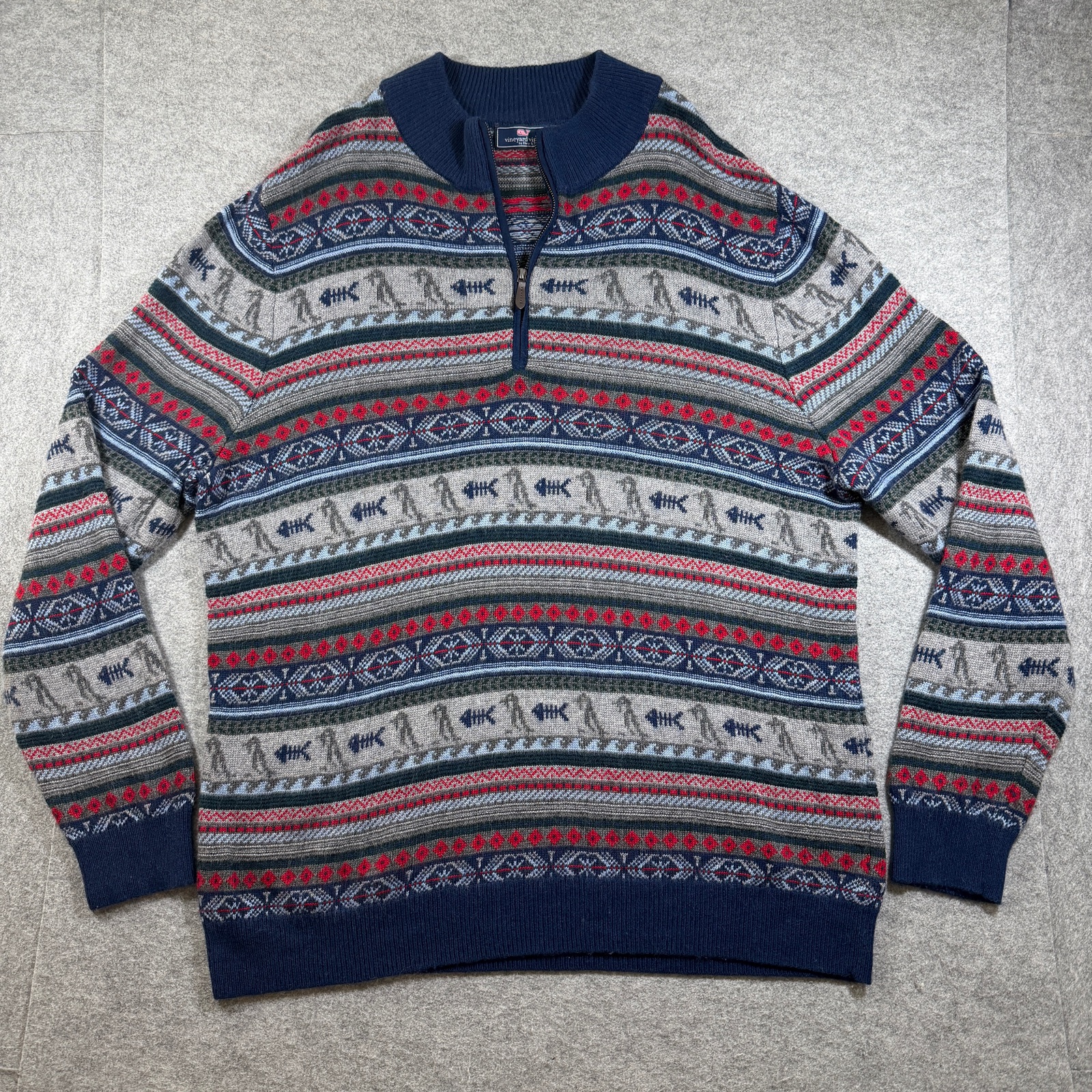 Vineyard Vines Knit Sweater Wool & Alpaca Blend Mens XL Navy Fair Isle 1/4 Zip