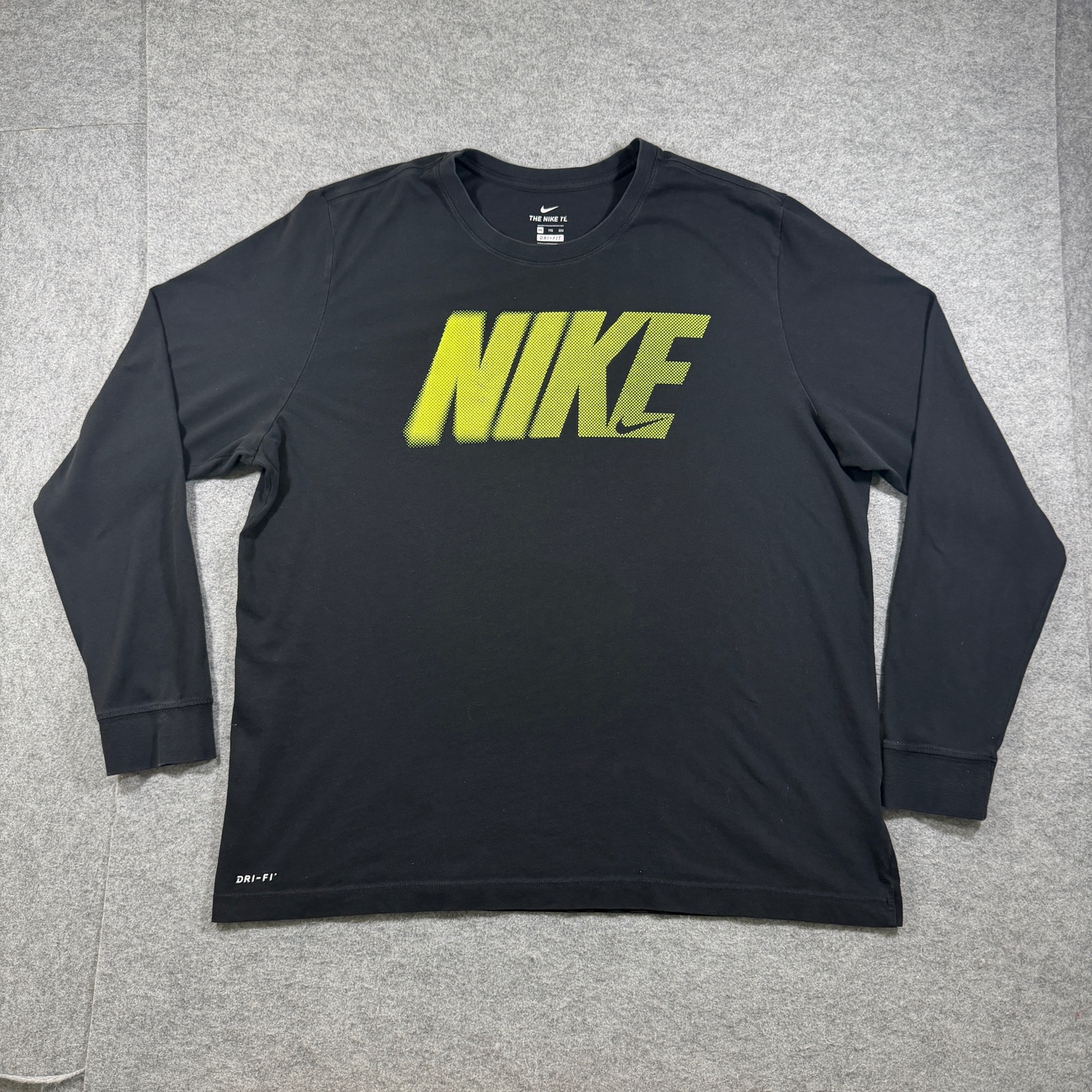Nike The Nike Tee Long Sleeve Mens XXL Black Dri-FIT Lime Green Swoosh Graphic