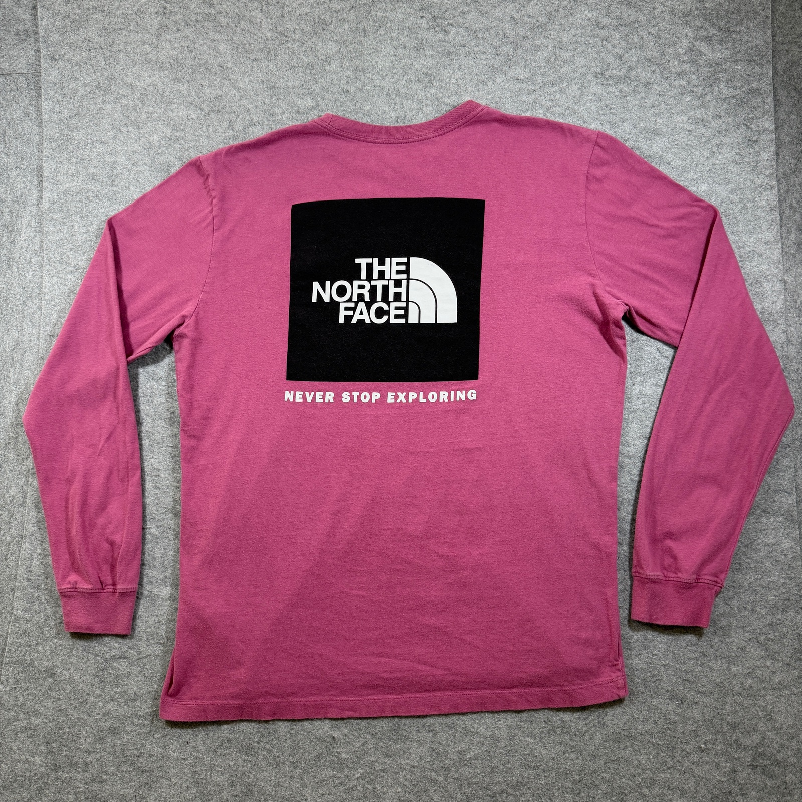 The North Face Long Sleeve T Shirt Mens L Pink Box Logo Never Stop Exploring
