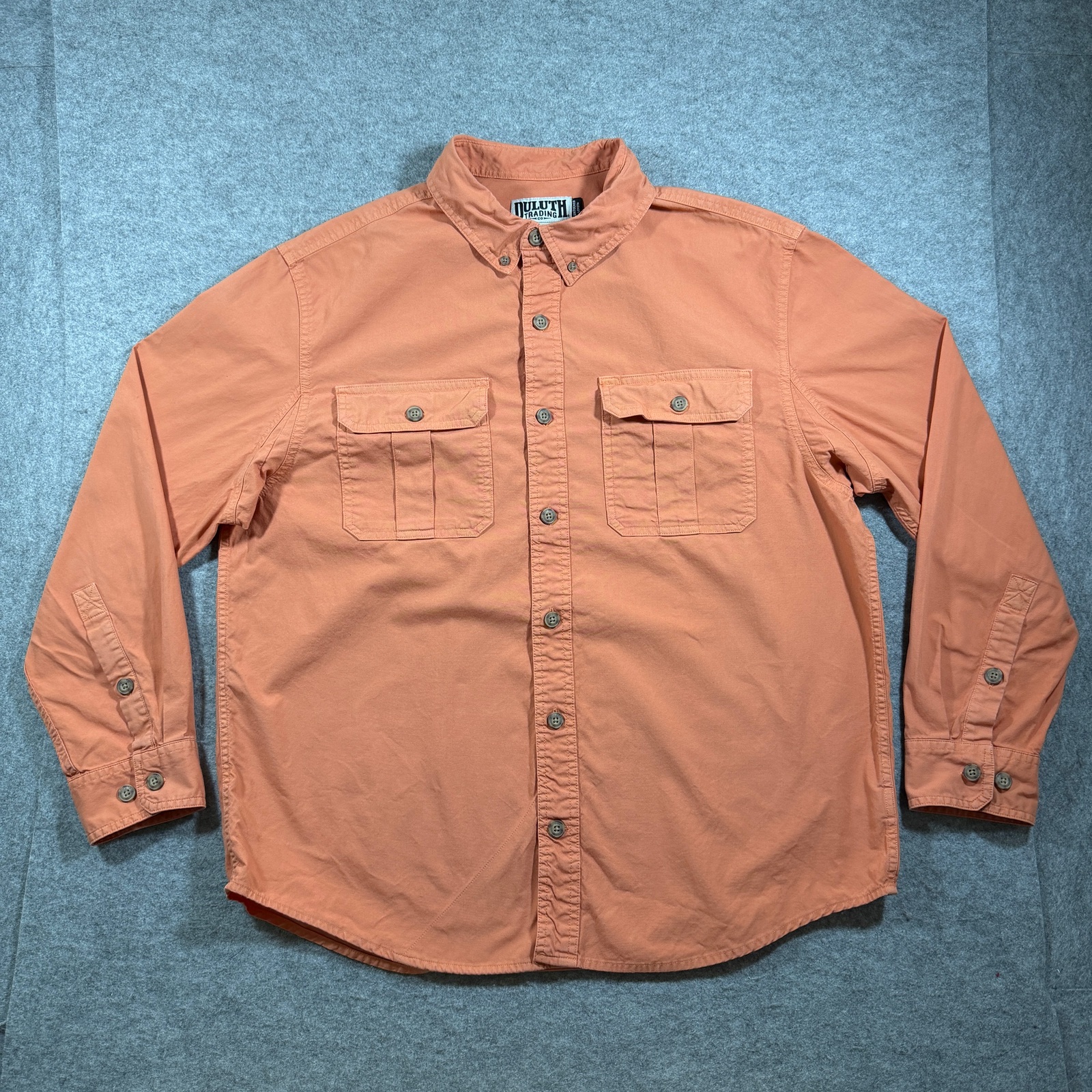 Duluth Trading Co Fireman Shirt Mens L Orange Button Up Workwear Utility Pockets