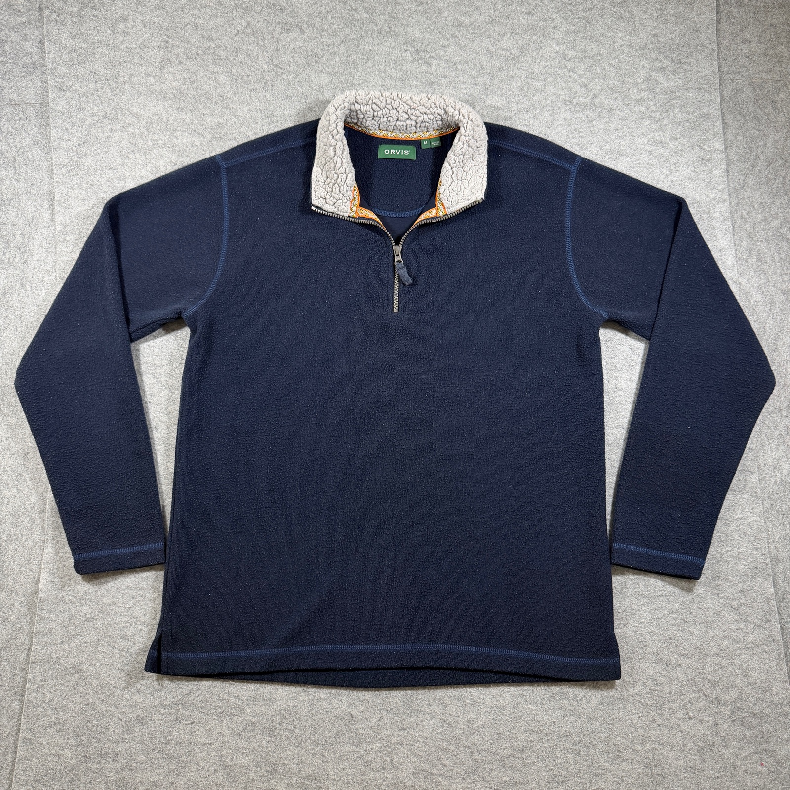 Orvis Quarter Zip Fleece Pullover Mens M Navy Sherpa Lined Collar Outdoor Casual