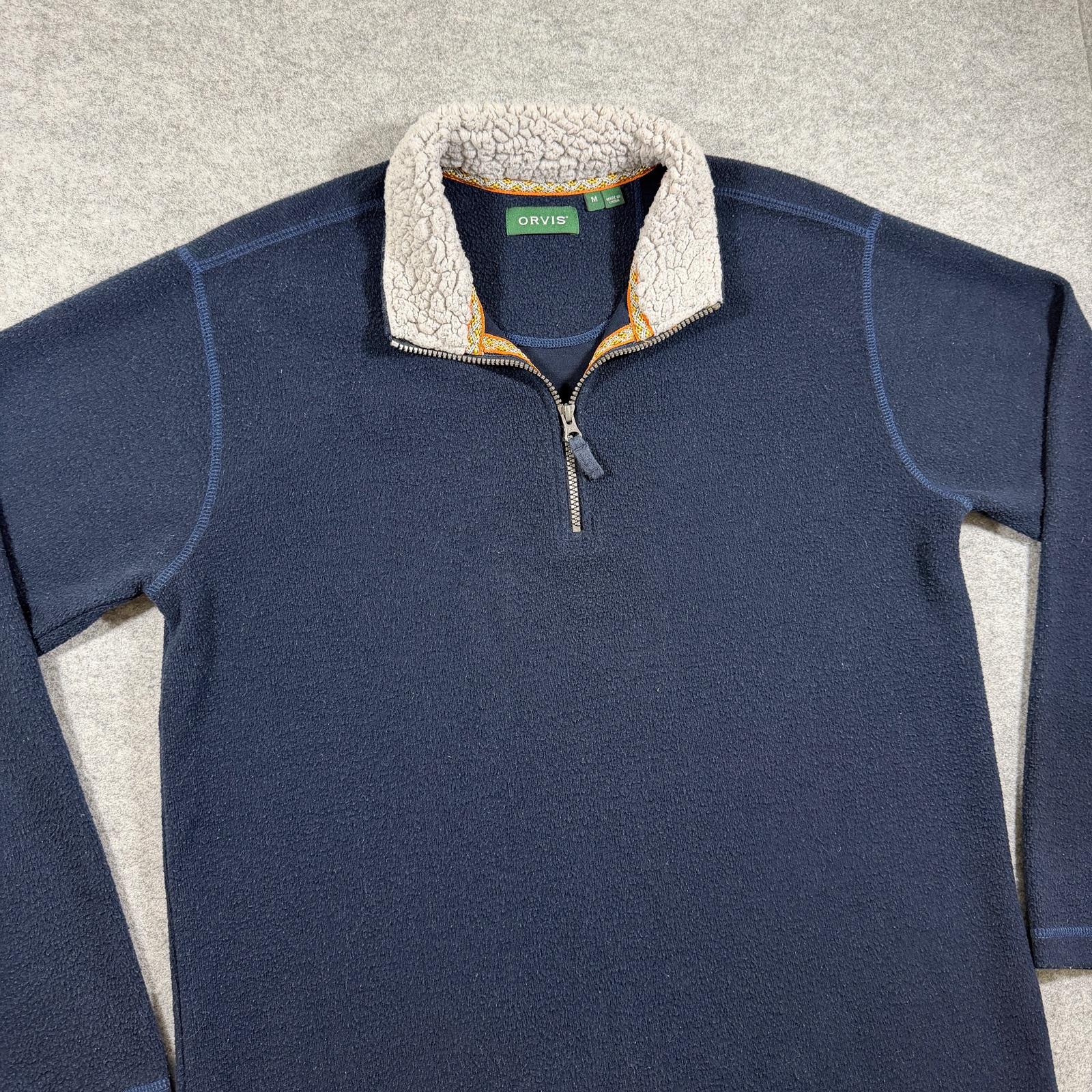 Orvis Quarter Zip Fleece Pullover Mens M Navy Sherpa Lined Collar Outdoor Casual thumbnail 3