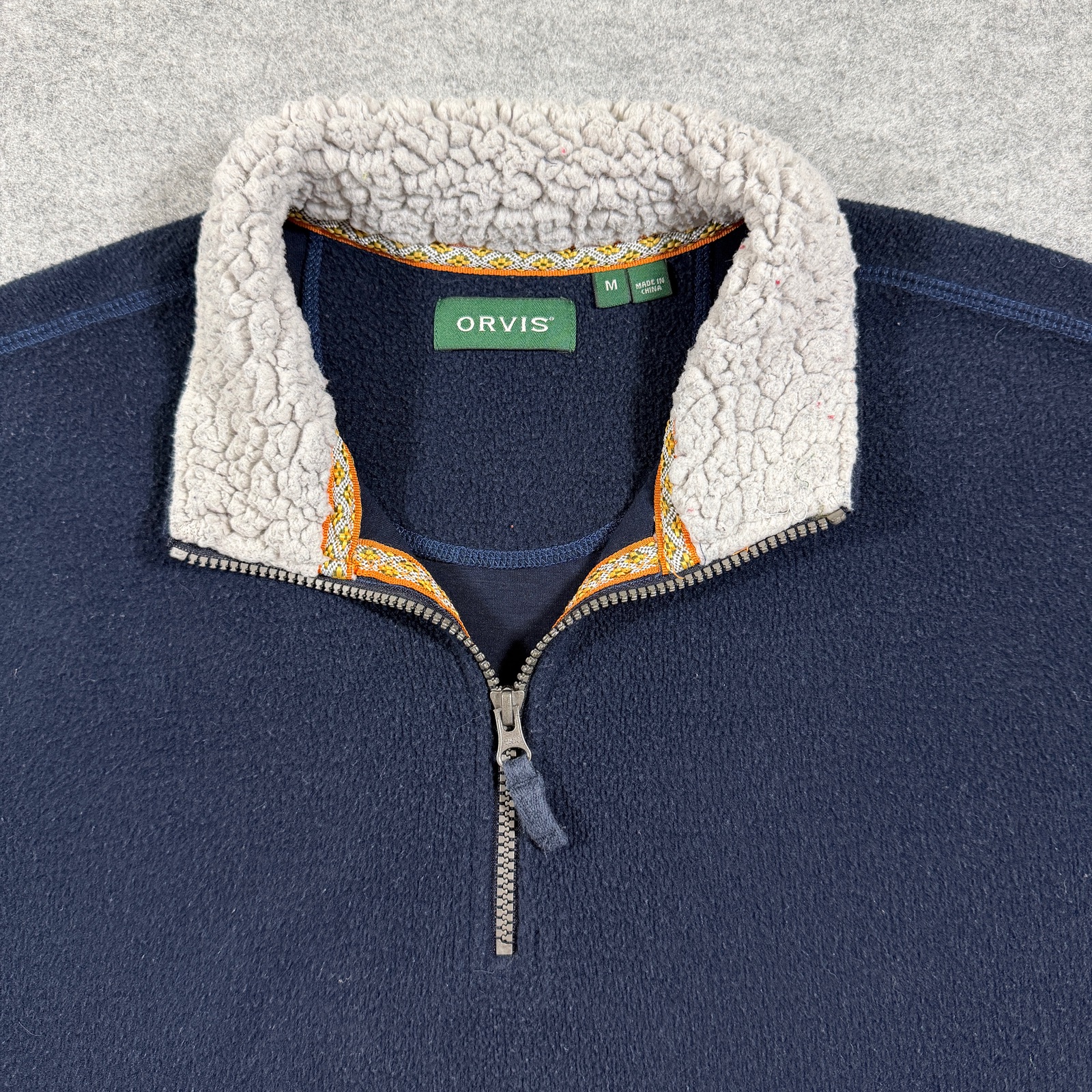 Orvis Quarter Zip Fleece Pullover Mens M Navy Sherpa Lined Collar Outdoor Casual thumbnail 9