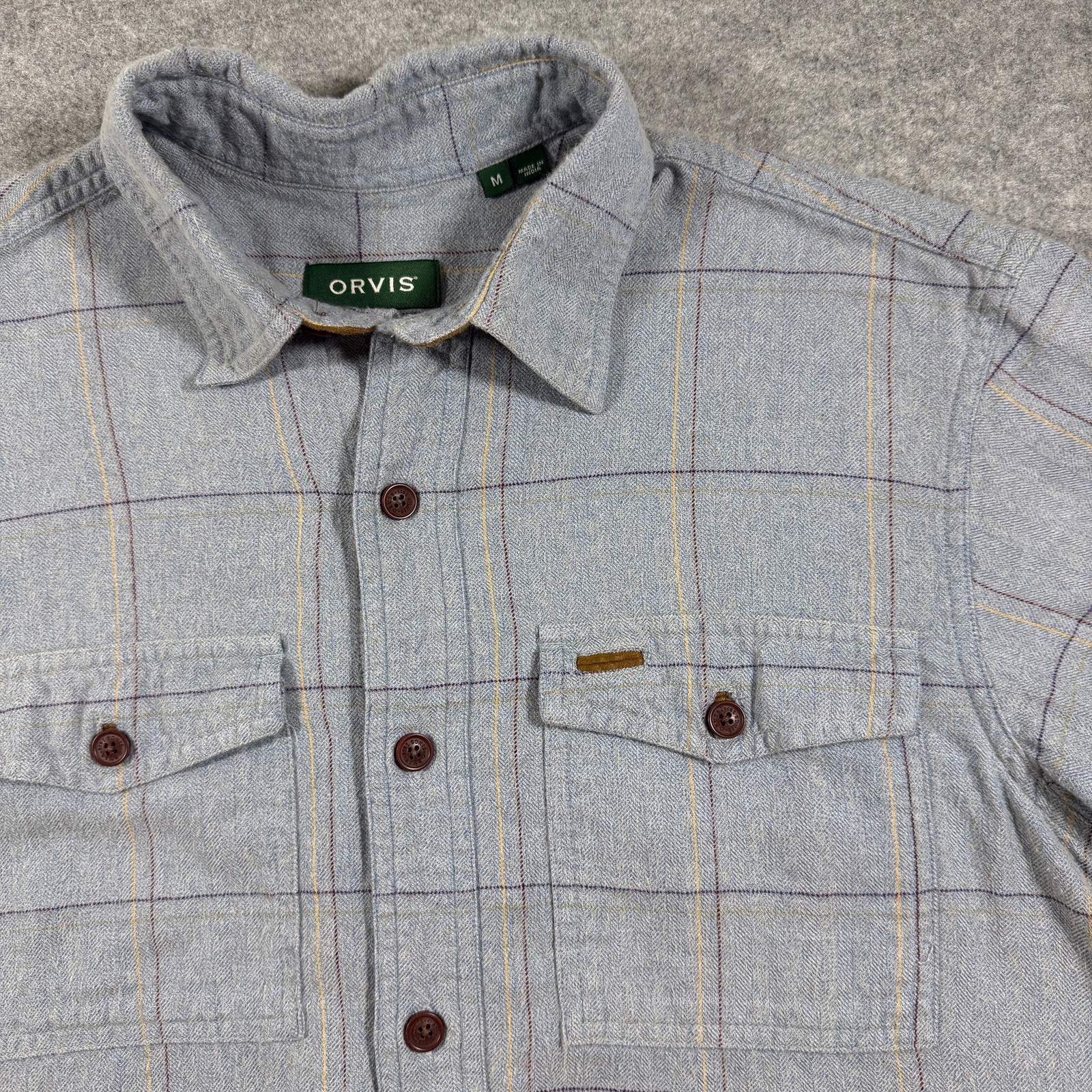 Orvis Fairbanks Shirt Mens M Blue Windowpane Plaid Suede Elbow Patches Preppy thumbnail 3