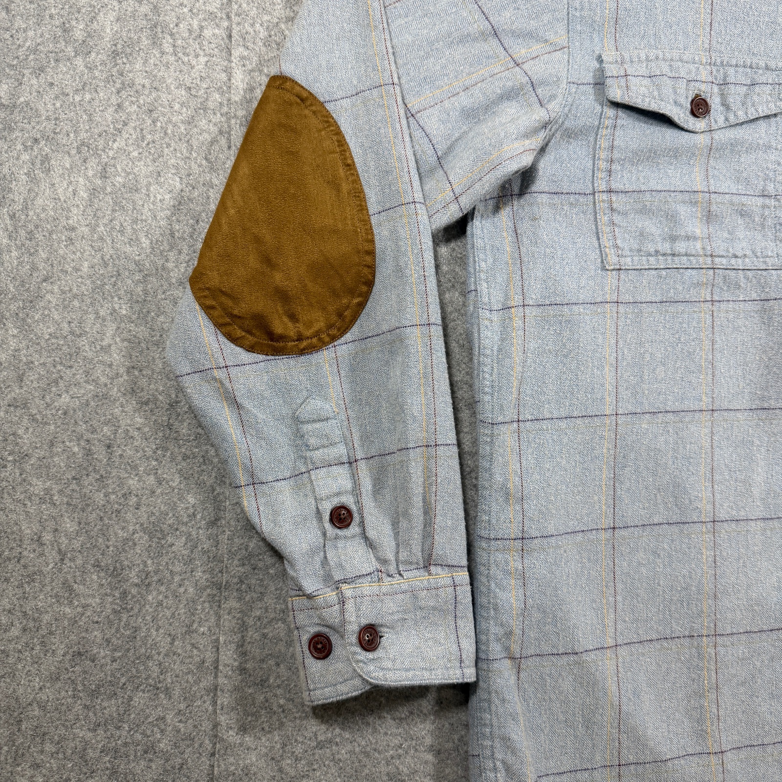 Orvis Fairbanks Shirt Mens M Blue Windowpane Plaid Suede Elbow Patches Preppy thumbnail 5