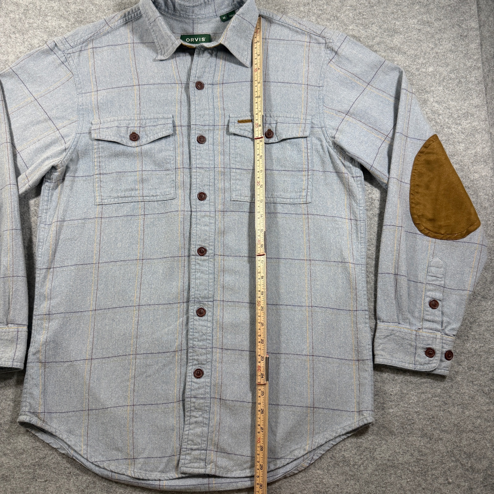 Orvis Fairbanks Shirt Mens M Blue Windowpane Plaid Suede Elbow Patches Preppy thumbnail 6