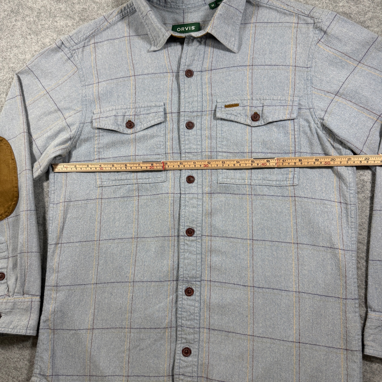 Orvis Fairbanks Shirt Mens M Blue Windowpane Plaid Suede Elbow Patches Preppy thumbnail 7