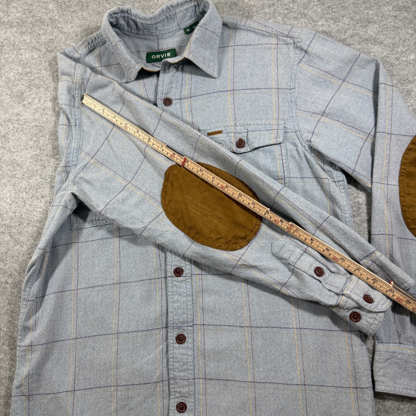Orvis Fairbanks Shirt Mens M Blue Windowpane Plaid Suede Elbow Patches Preppy thumbnail 8