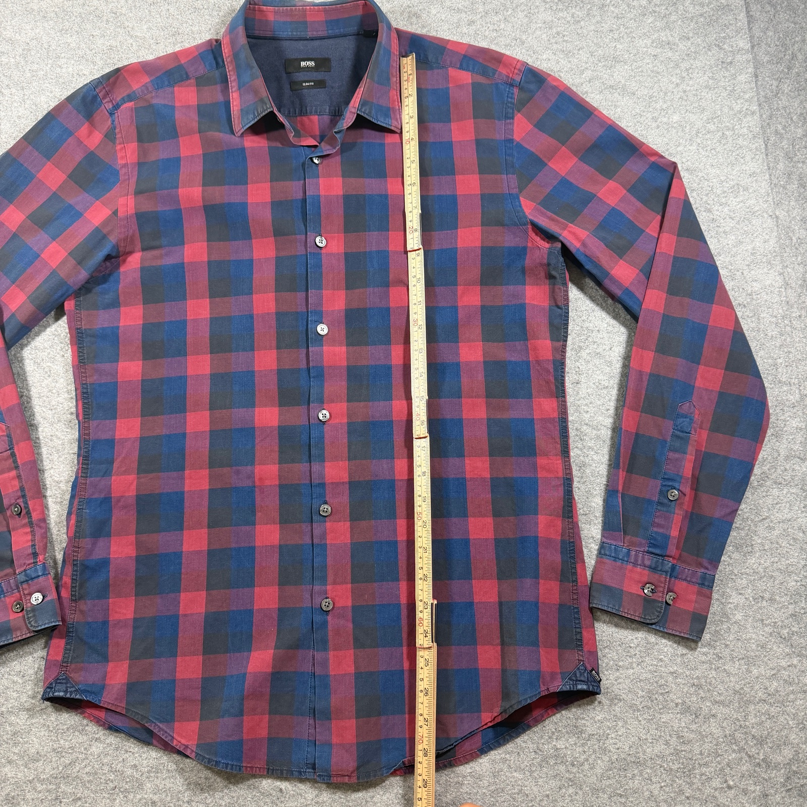 Hugo Boss Button Down Shirt Mens L Red Navy Plaid Slim Fit Long Sleeve Cotton thumbnail 6