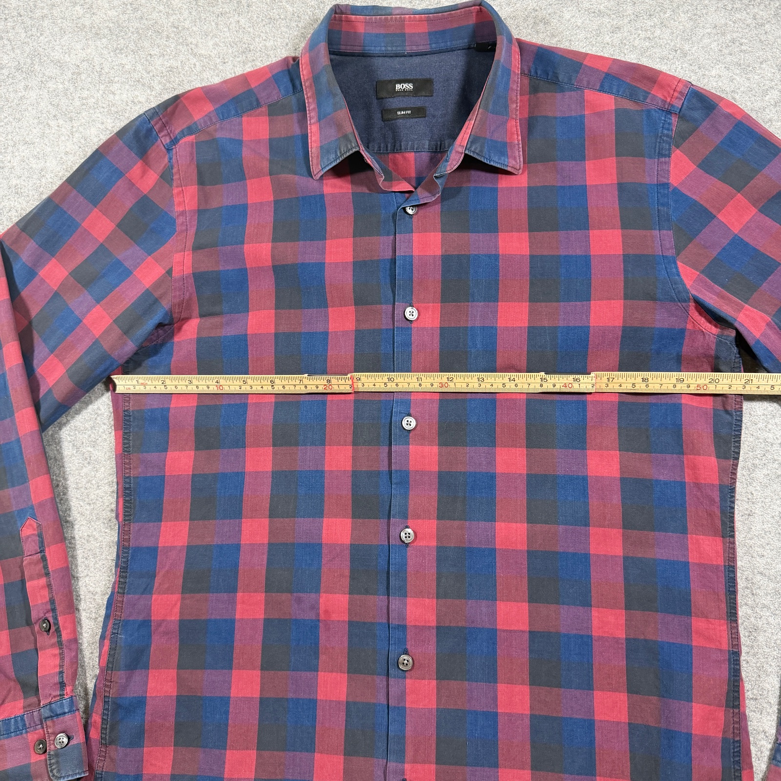 Hugo Boss Button Down Shirt Mens L Red Navy Plaid Slim Fit Long Sleeve Cotton thumbnail 7