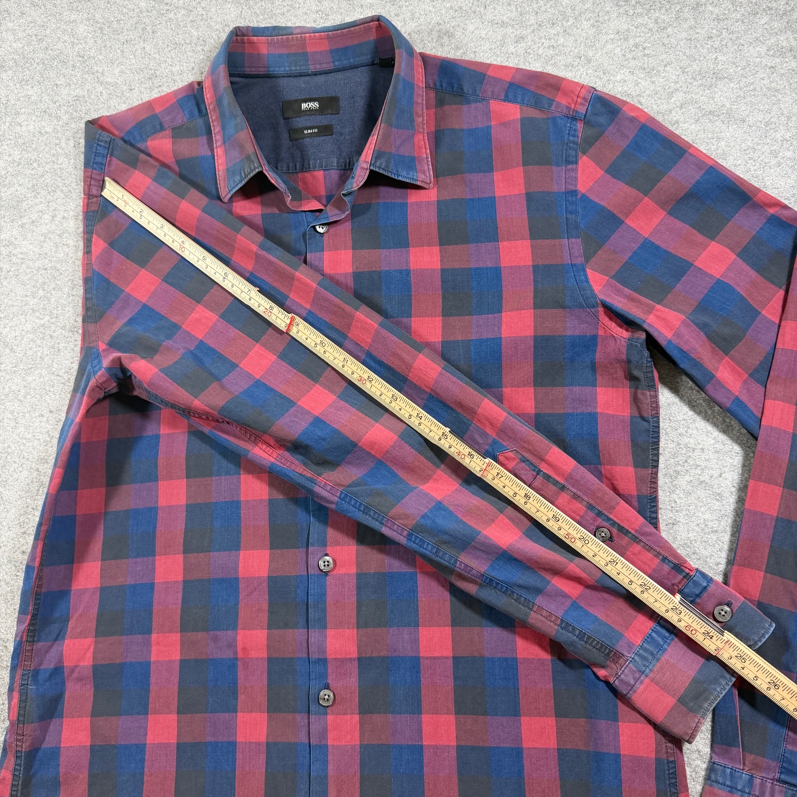 Hugo Boss Button Down Shirt Mens L Red Navy Plaid Slim Fit Long Sleeve Cotton thumbnail 8