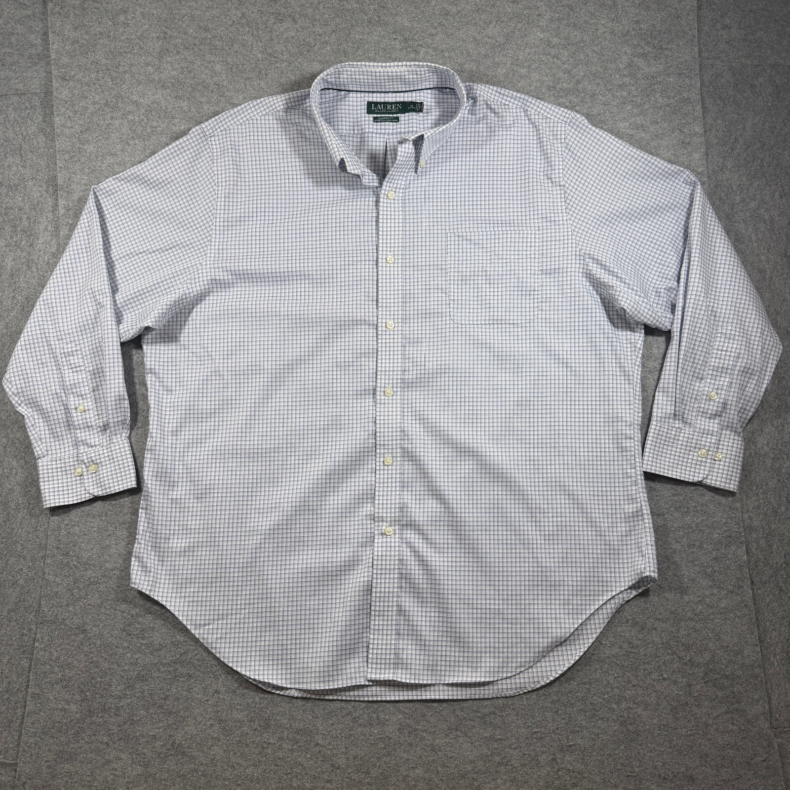 Lauren Ralph Lauren Shirt Mens 18 34/35 White Blue Check Classic Fit Non Iron