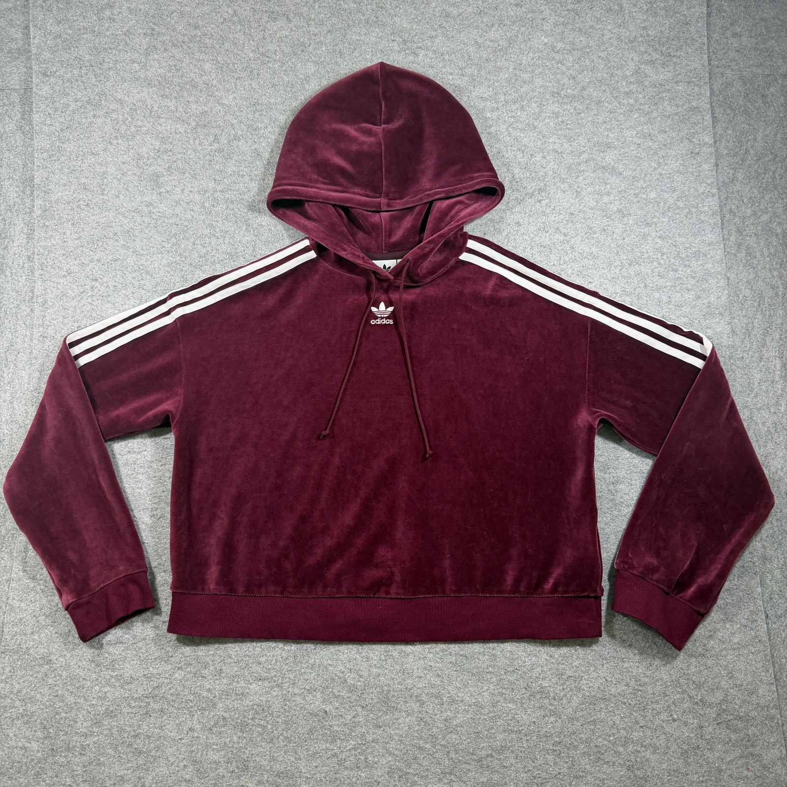 Adidas Trefoil Hoodie Womens S Maroon Velour Cropped Fit Hooded Streetwear