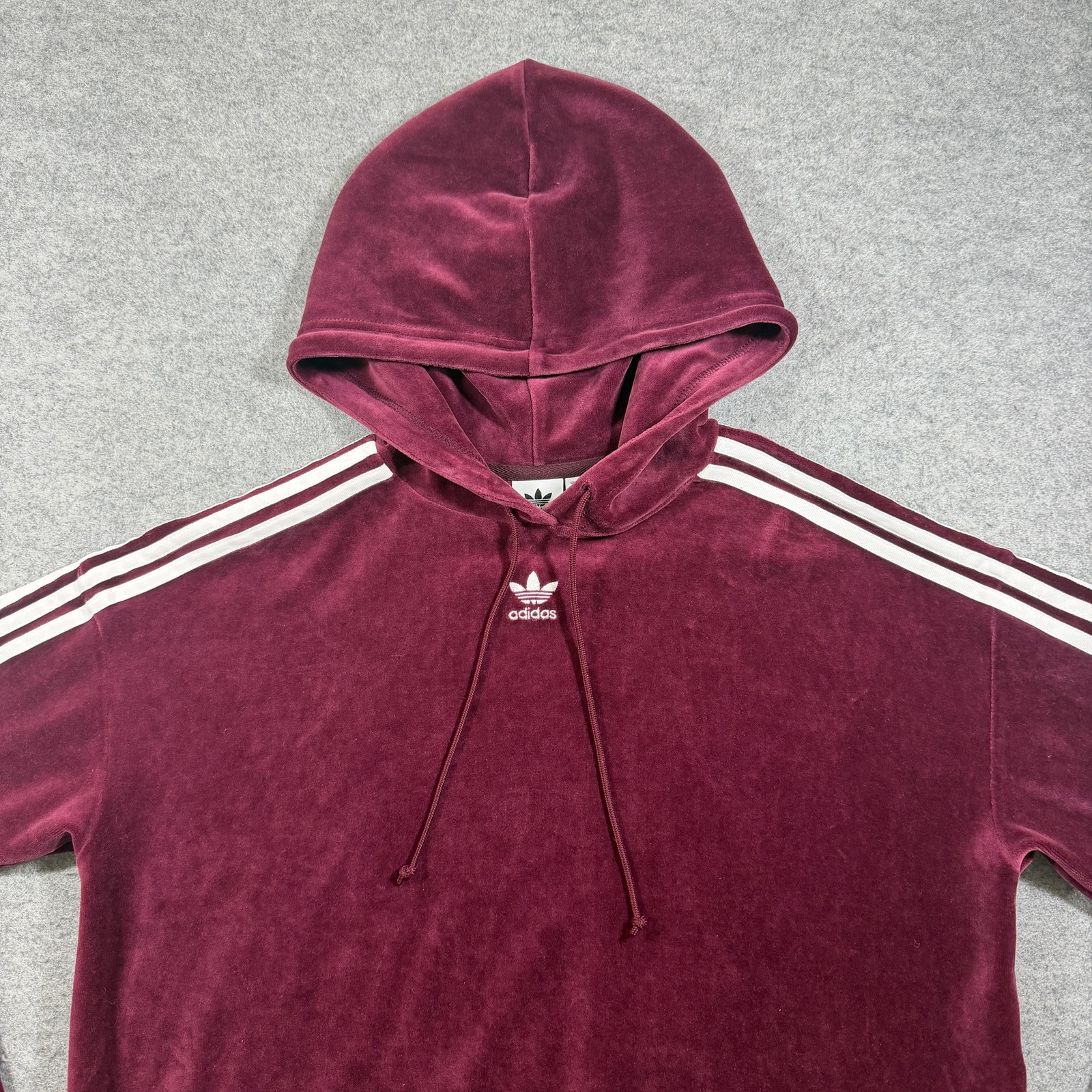 Adidas Trefoil Hoodie Womens S Maroon Velour Cropped Fit Hooded Streetwear thumbnail 3