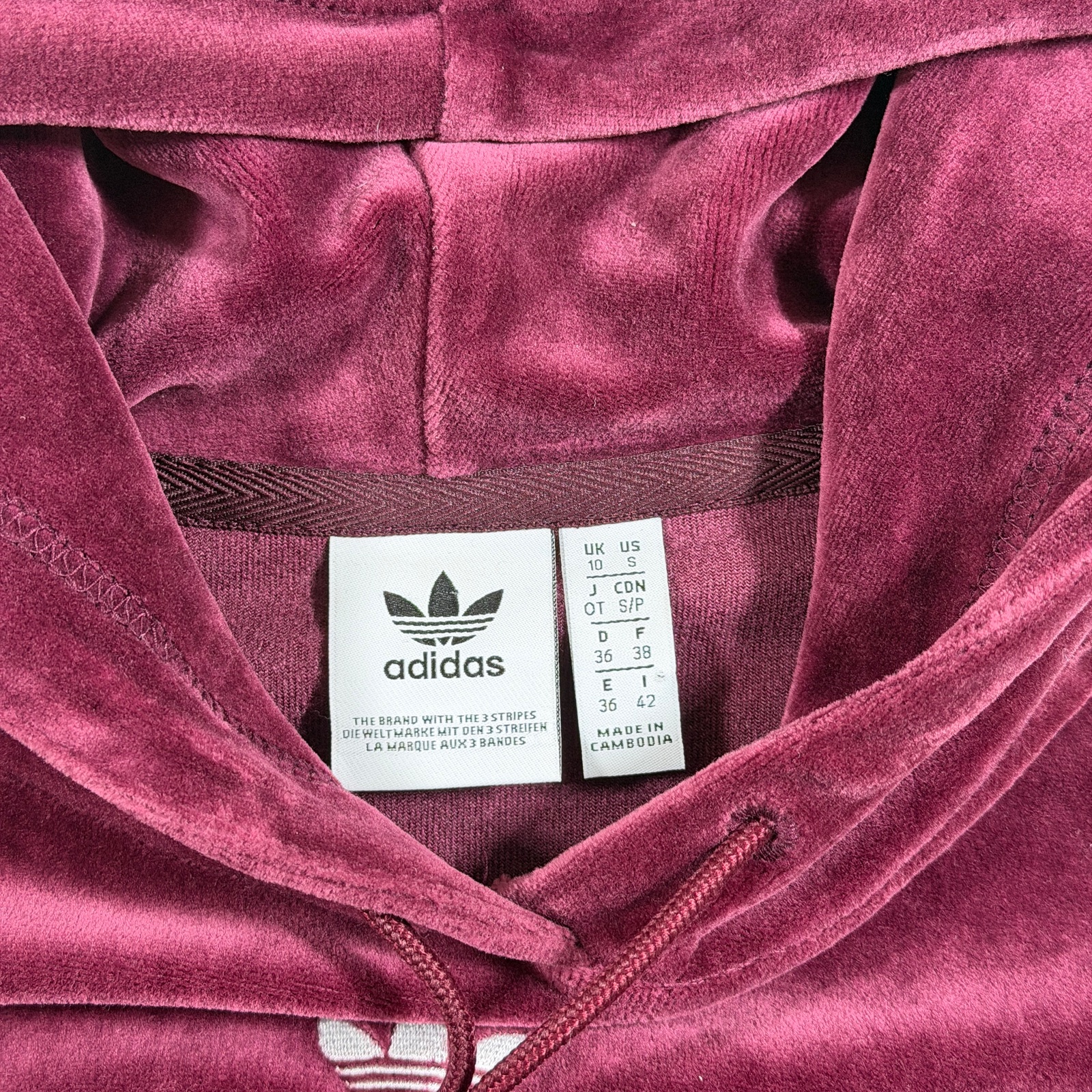 Adidas Trefoil Hoodie Womens S Maroon Velour Cropped Fit Hooded Streetwear thumbnail 4