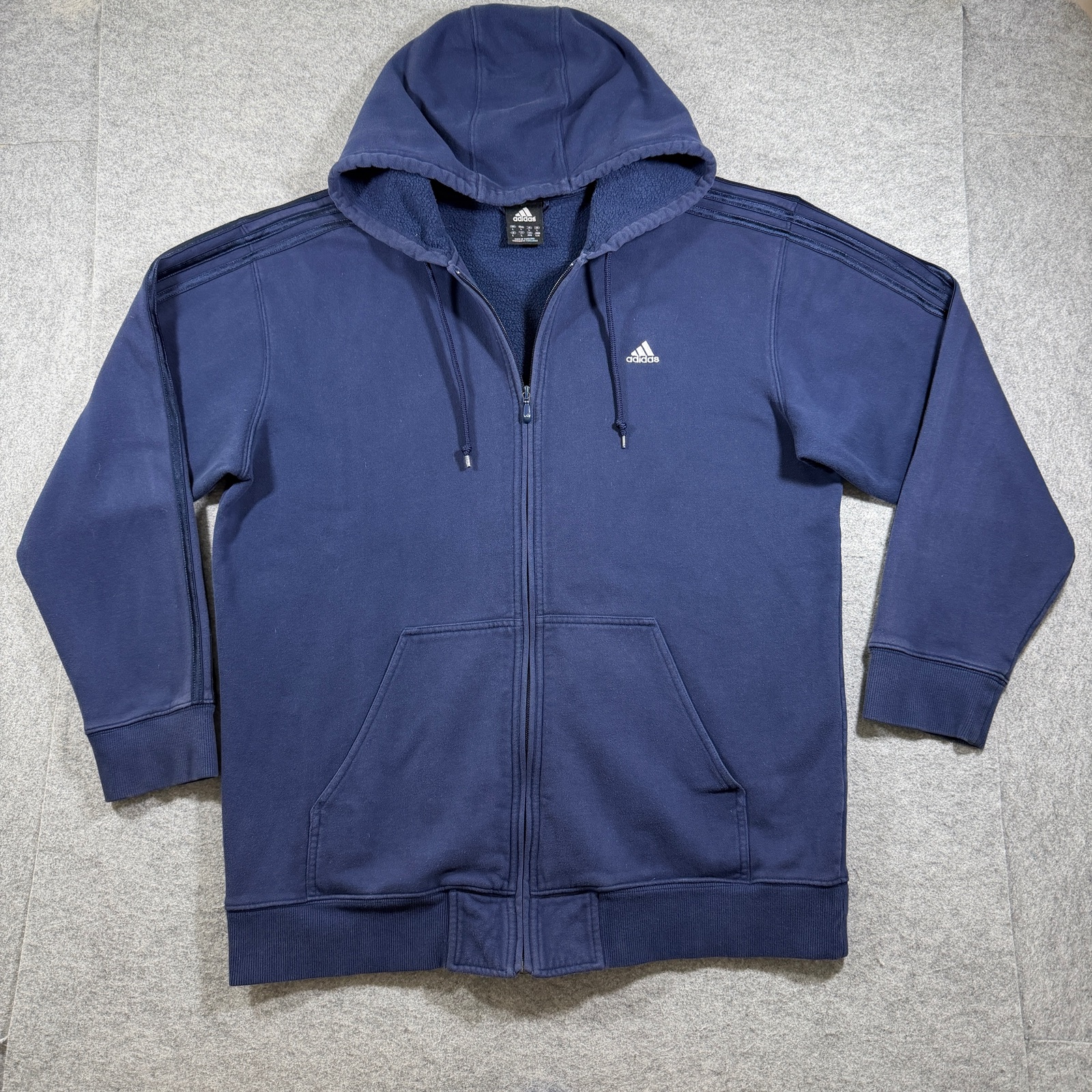 Vintage Y2K Adidas Full Zip Hoodie Mens L Navy Blue Fleece Lined Hood 3 Stripe