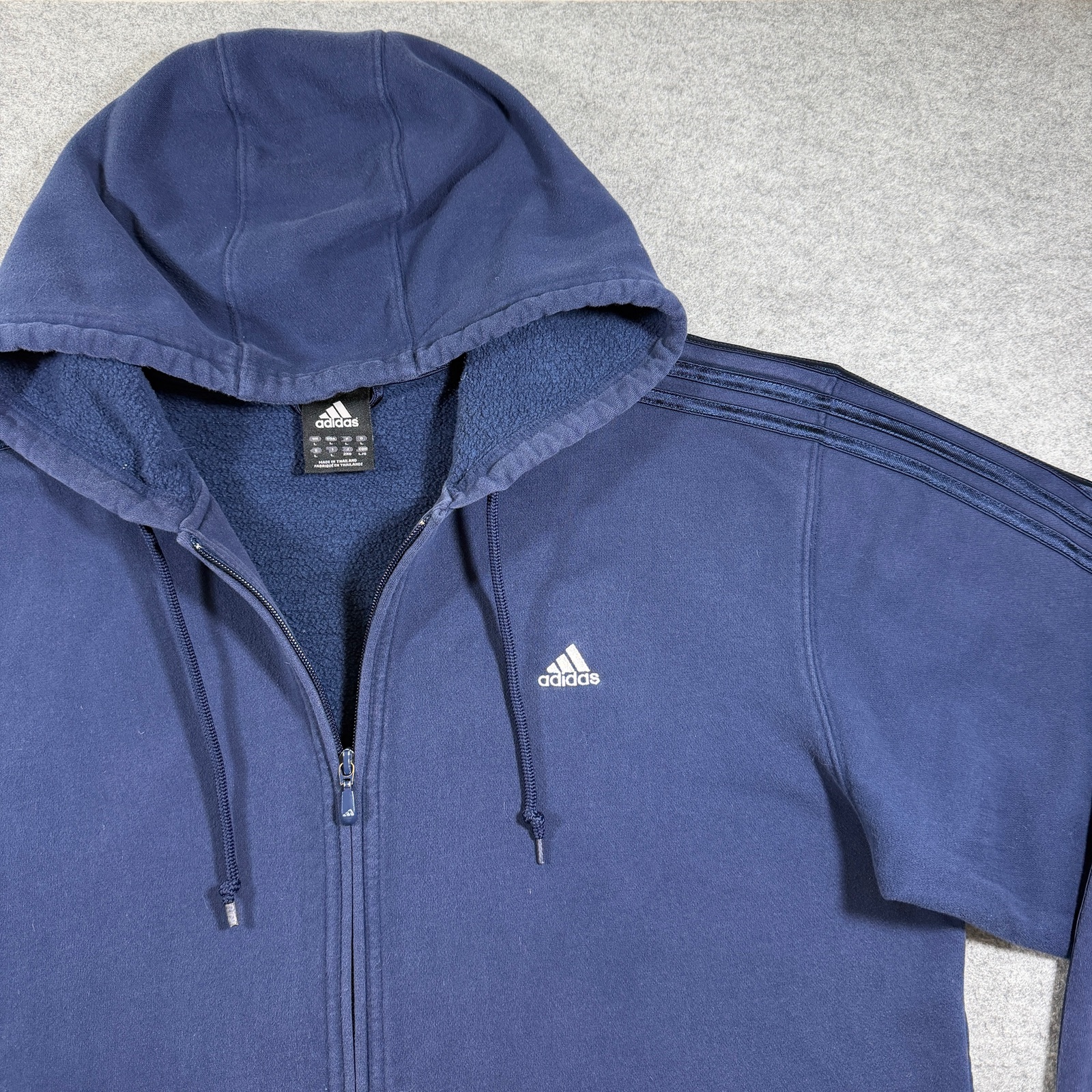 Vintage Y2K Adidas Full Zip Hoodie Mens L Navy Blue Fleece Lined Hood 3 Stripe thumbnail 3