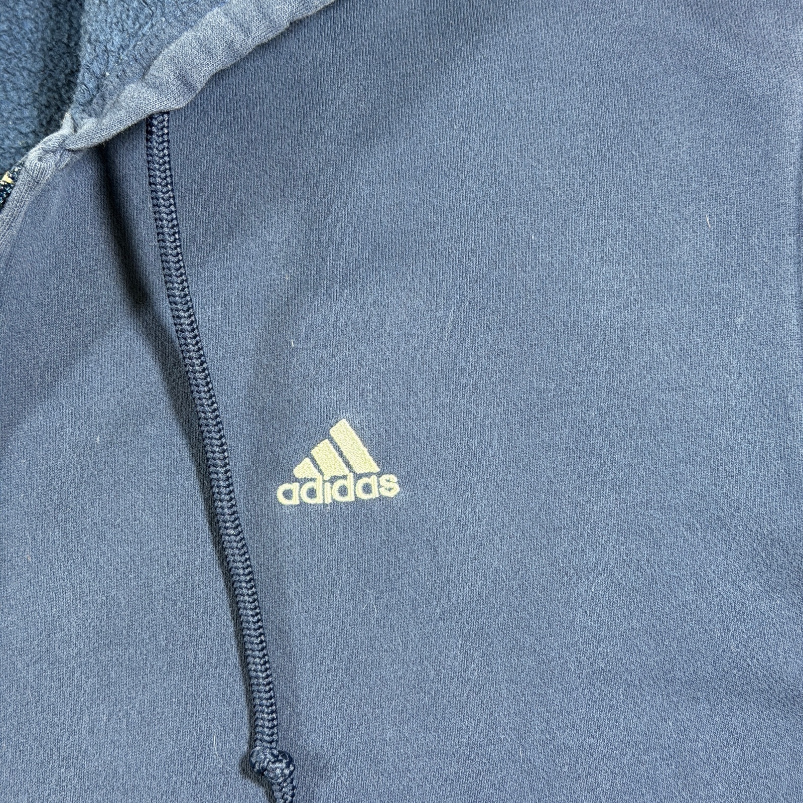 Vintage Y2K Adidas Full Zip Hoodie Mens L Navy Blue Fleece Lined Hood 3 Stripe thumbnail 4