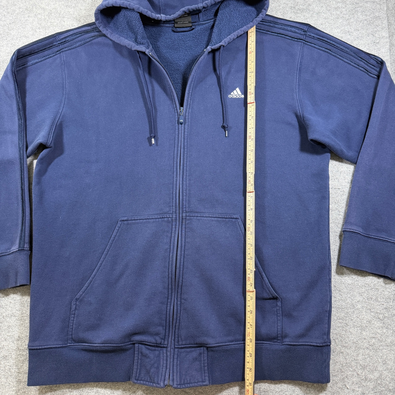 Vintage Y2K Adidas Full Zip Hoodie Mens L Navy Blue Fleece Lined Hood 3 Stripe thumbnail 6