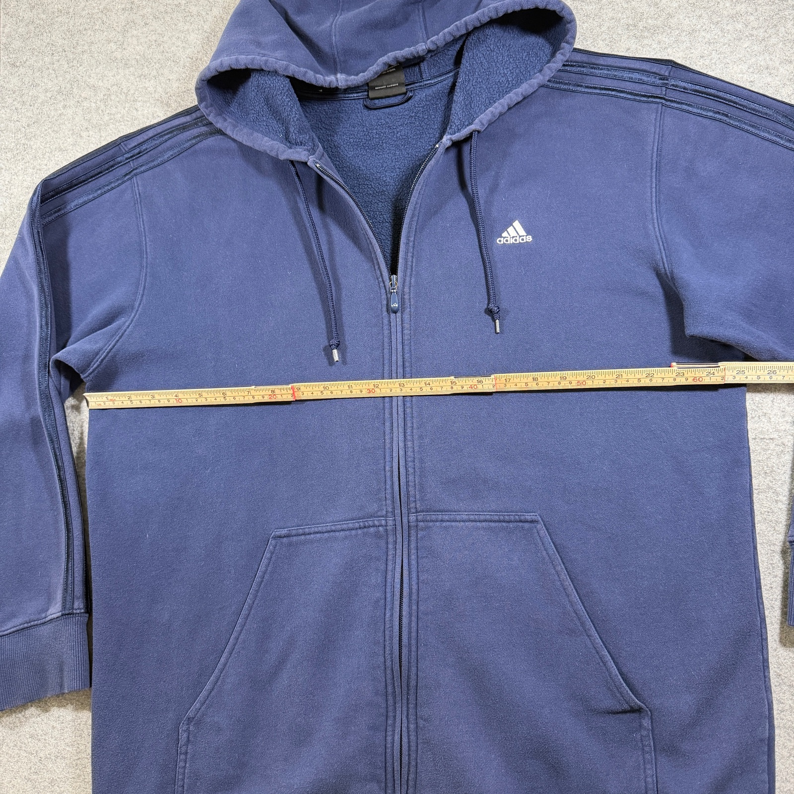 Vintage Y2K Adidas Full Zip Hoodie Mens L Navy Blue Fleece Lined Hood 3 Stripe thumbnail 7