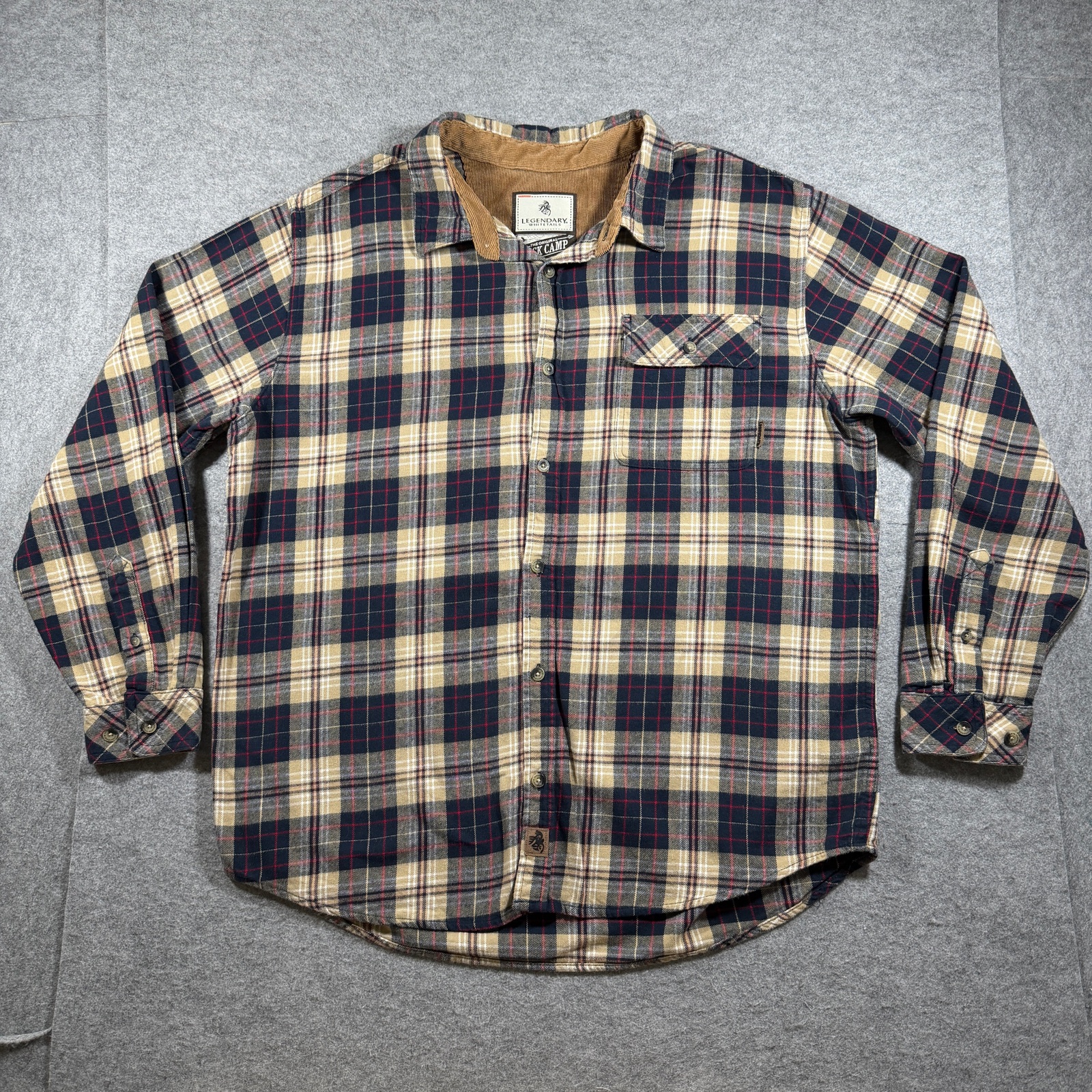 Legendary Whitetails Flannel Shirt Men XL Navy Tan Plaid Corduroy Collar Outdoor