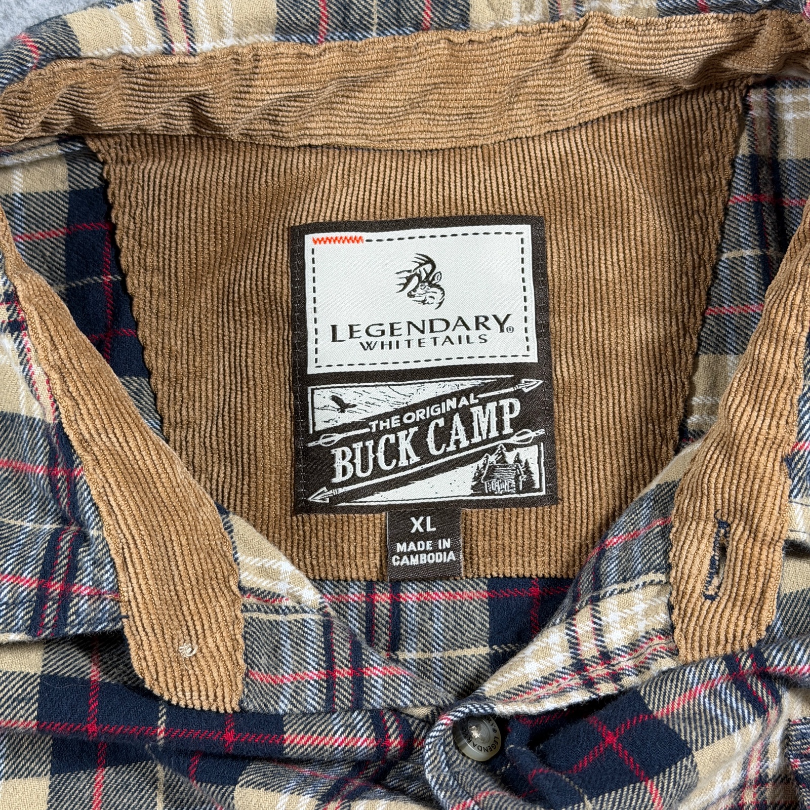 Legendary Whitetails Flannel Shirt Men XL Navy Tan Plaid Corduroy Collar Outdoor thumbnail 3