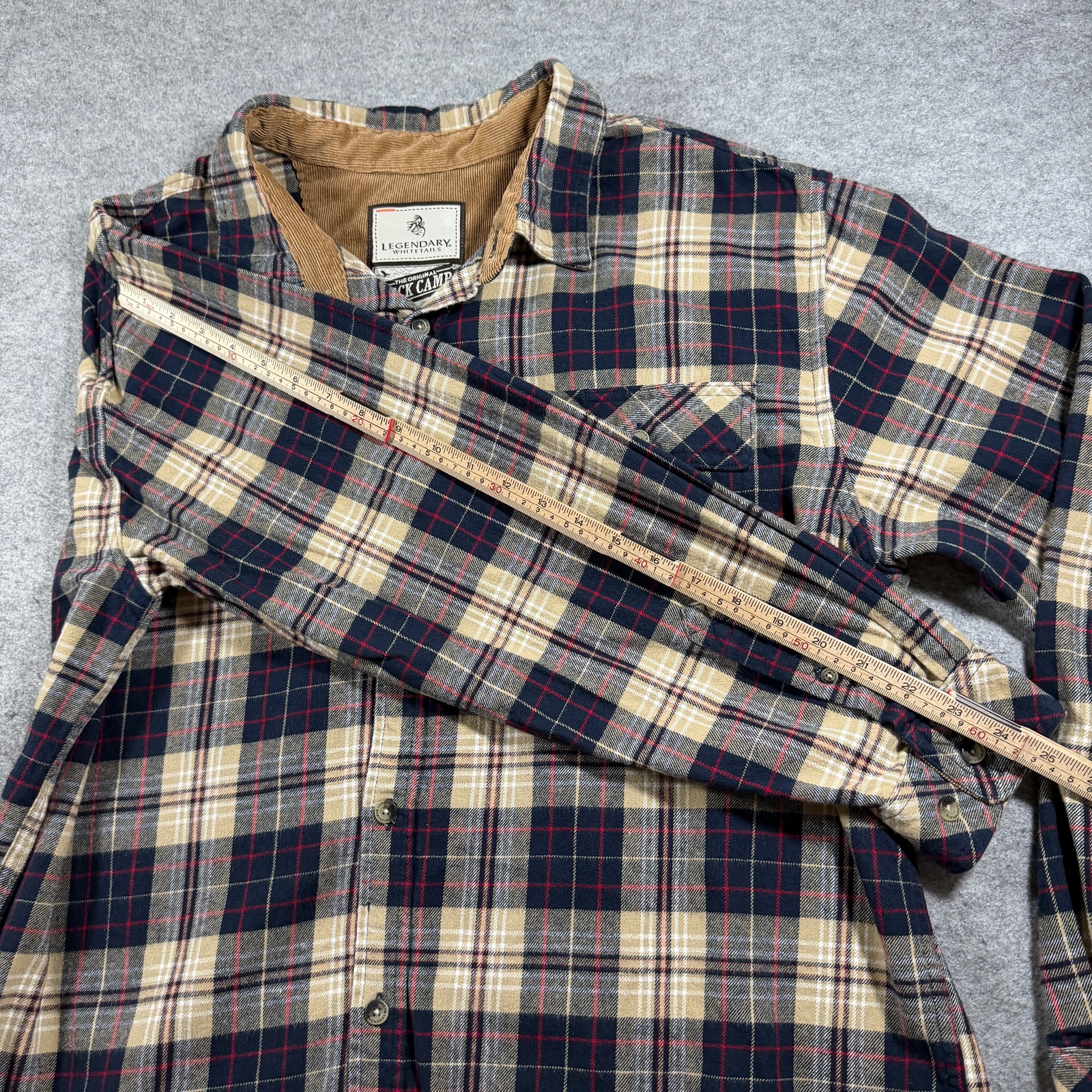Legendary Whitetails Flannel Shirt Men XL Navy Tan Plaid Corduroy Collar Outdoor thumbnail 8