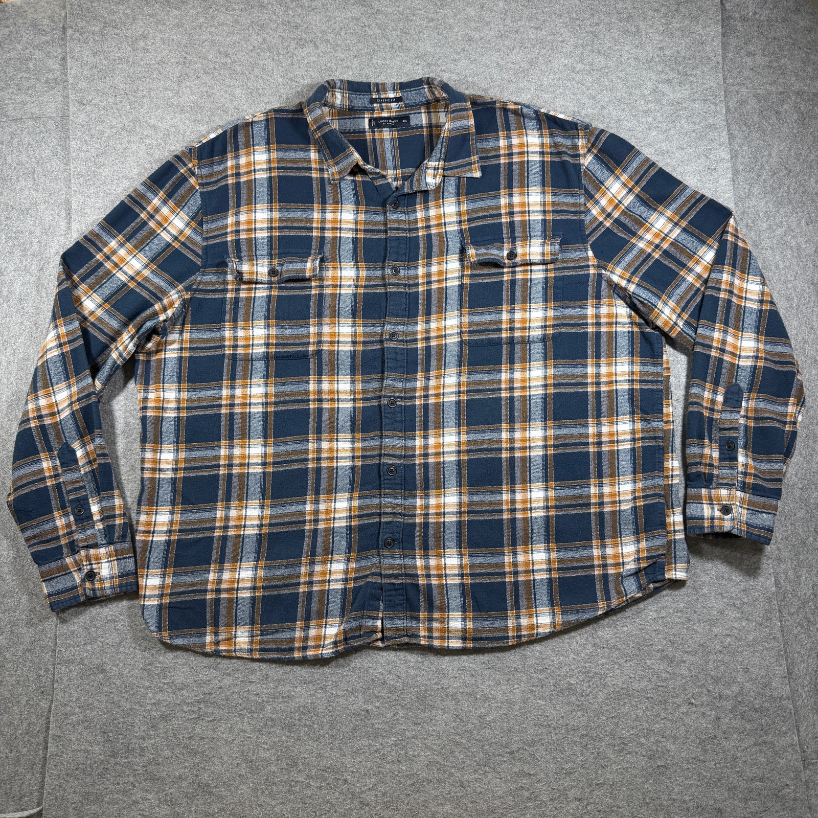 Lucky Brand Flannel Shirt Mens XXL Navy Plaid Classic Fit Chest Pockets Casual