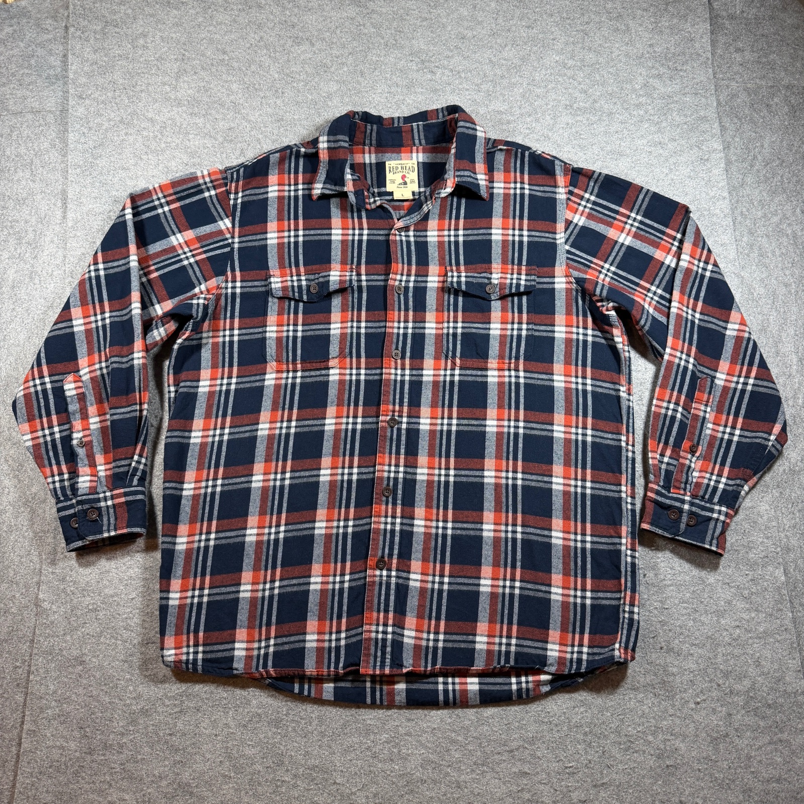 Red Head Brand Co Flannel Shirt Mens L Navy Red Plaid Button Up Chest Pockets