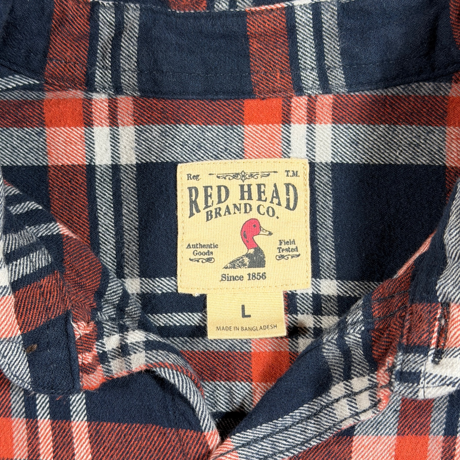 Red Head Brand Co Flannel Shirt Mens L Navy Red Plaid Button Up Chest Pockets thumbnail 3