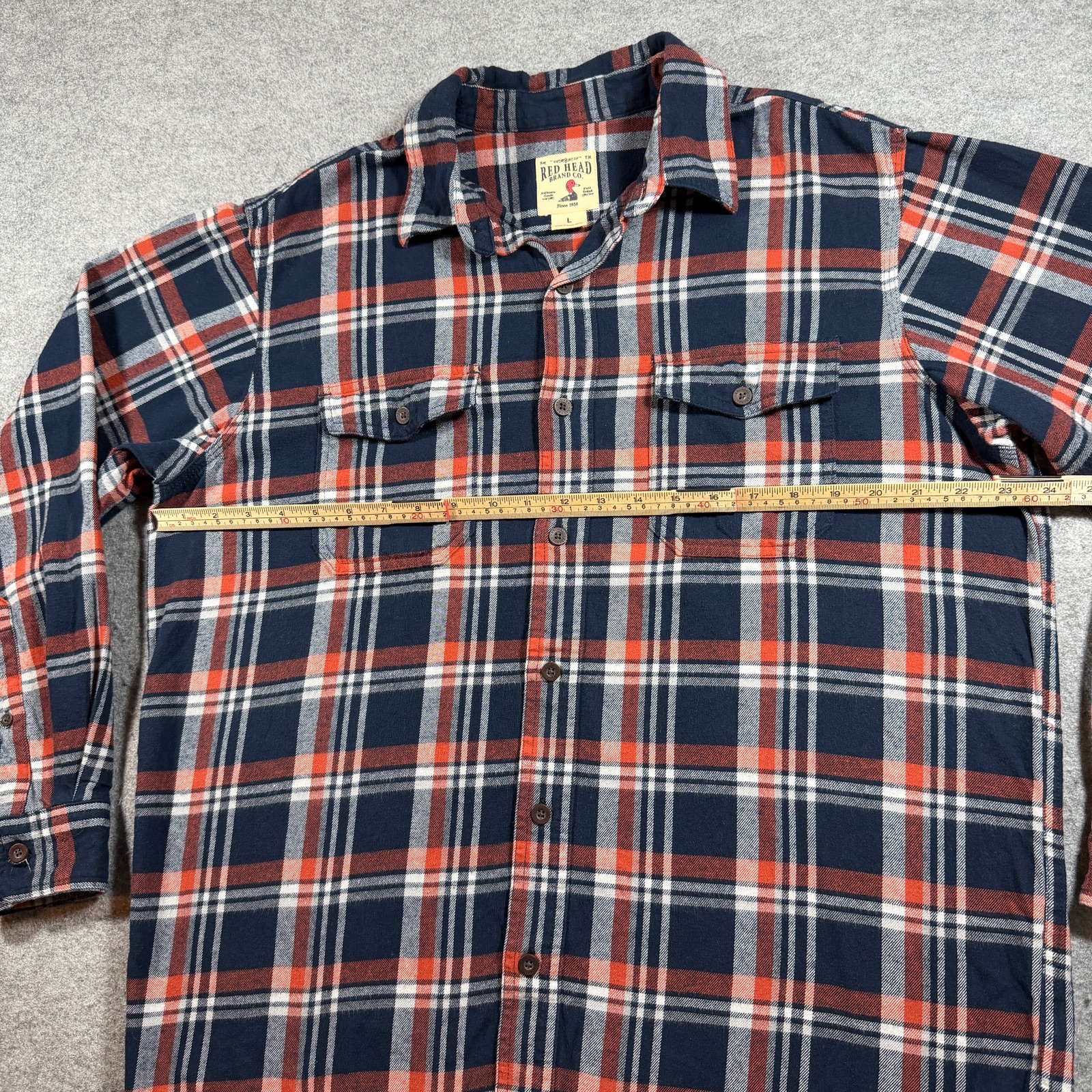 Red Head Brand Co Flannel Shirt Mens L Navy Red Plaid Button Up Chest Pockets thumbnail 7
