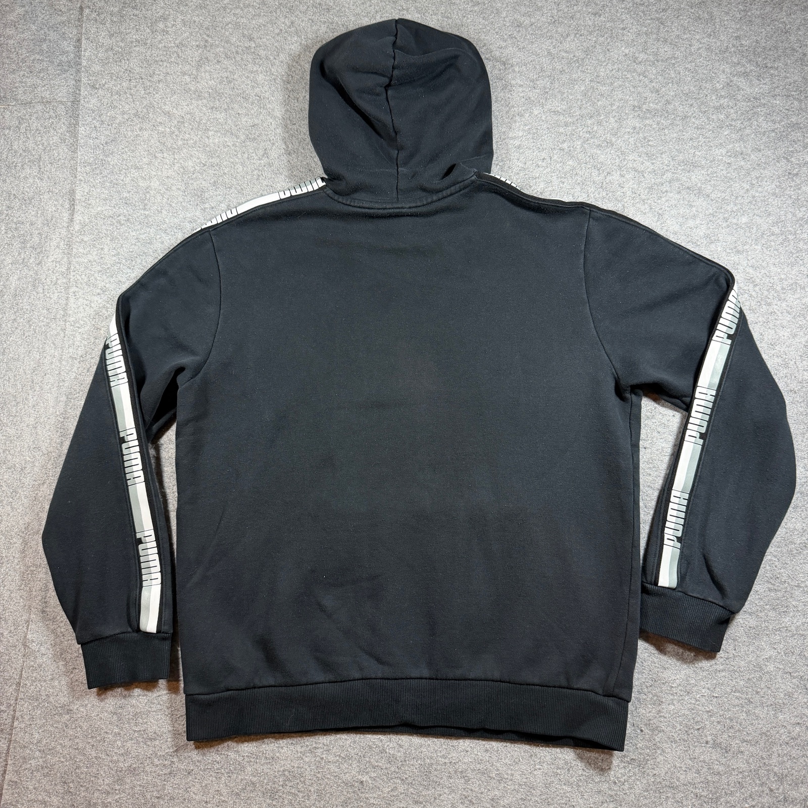 Puma Essentials Hoodie Mens L Black Fleece Taped Logo Sleeve Stripes Streetwear thumbnail 2